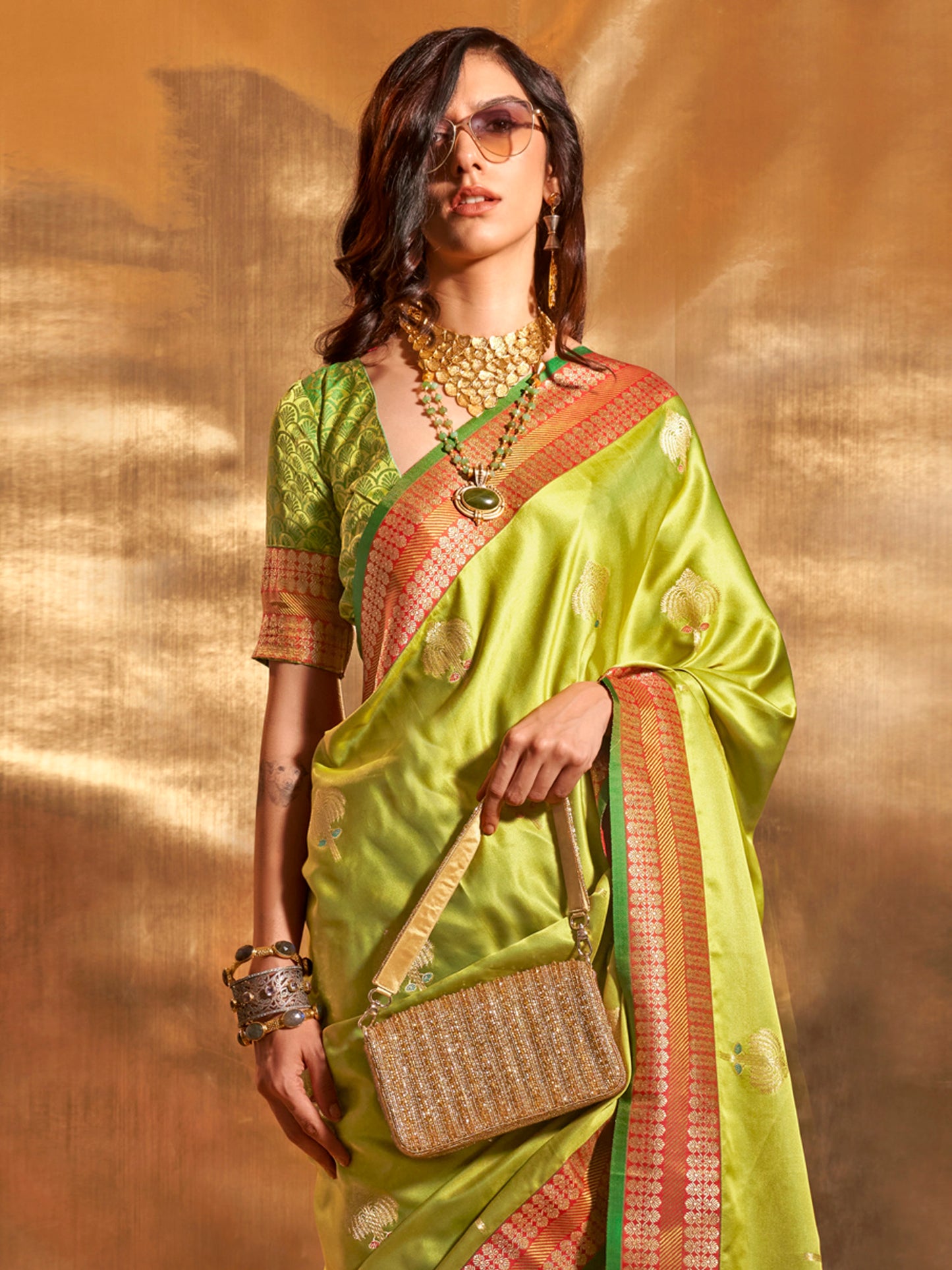 Women's Satin Silk Light Green Woven Design Designer Saree With Blouse Piece