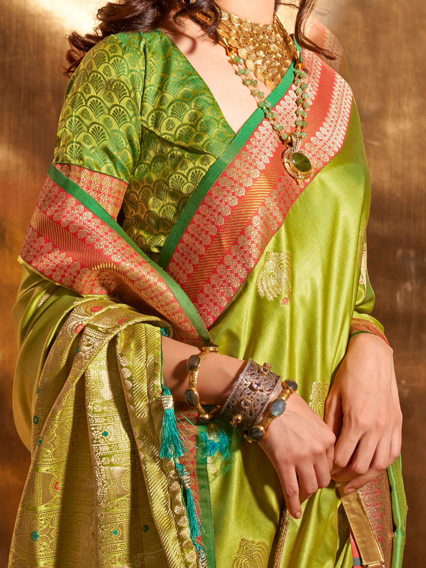 Women's Satin Silk Light Green Woven Design Designer Saree With Blouse Piece