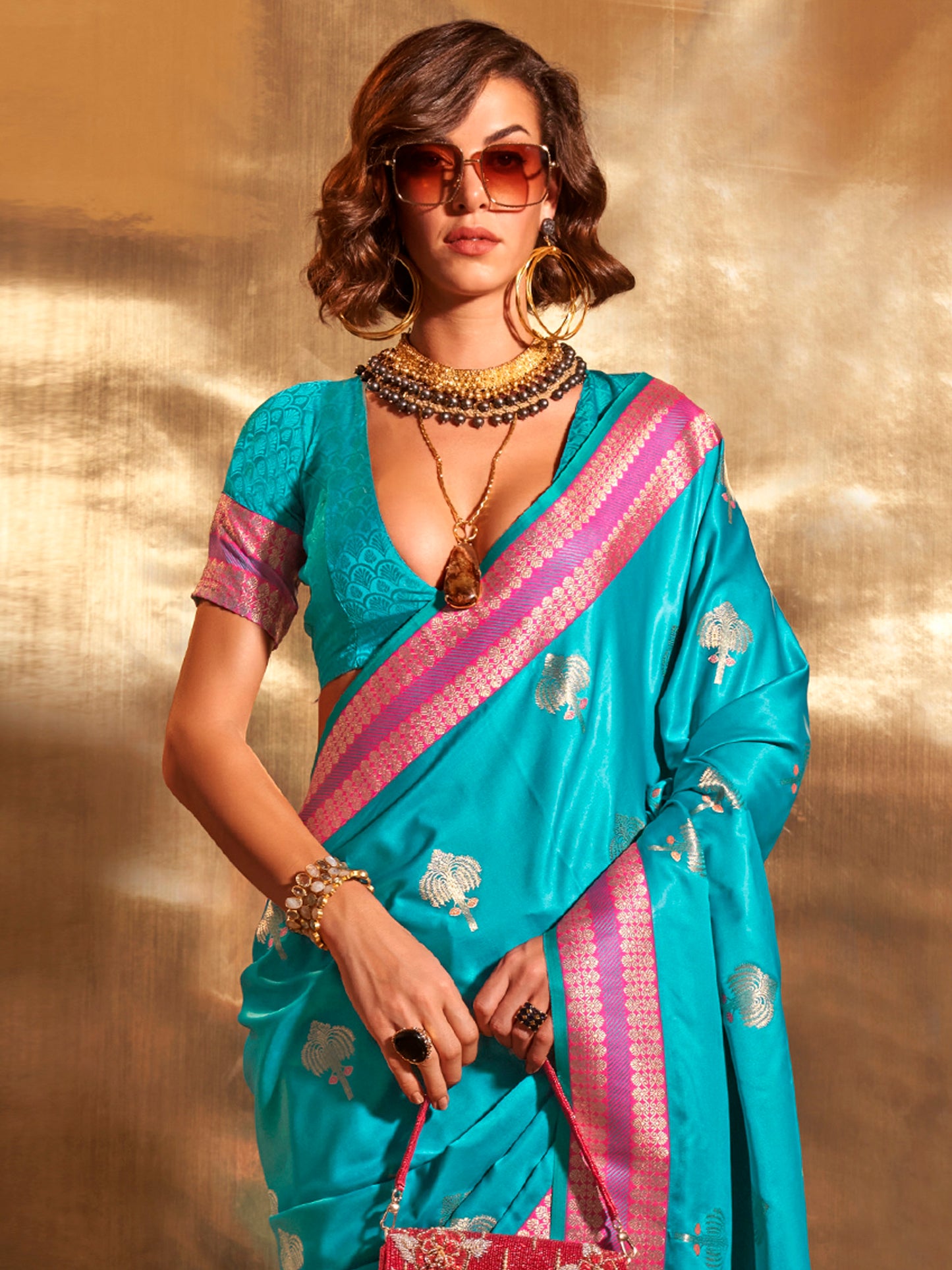 Women's Satin Silk Blue Woven Design Designer Saree With Blouse Piece