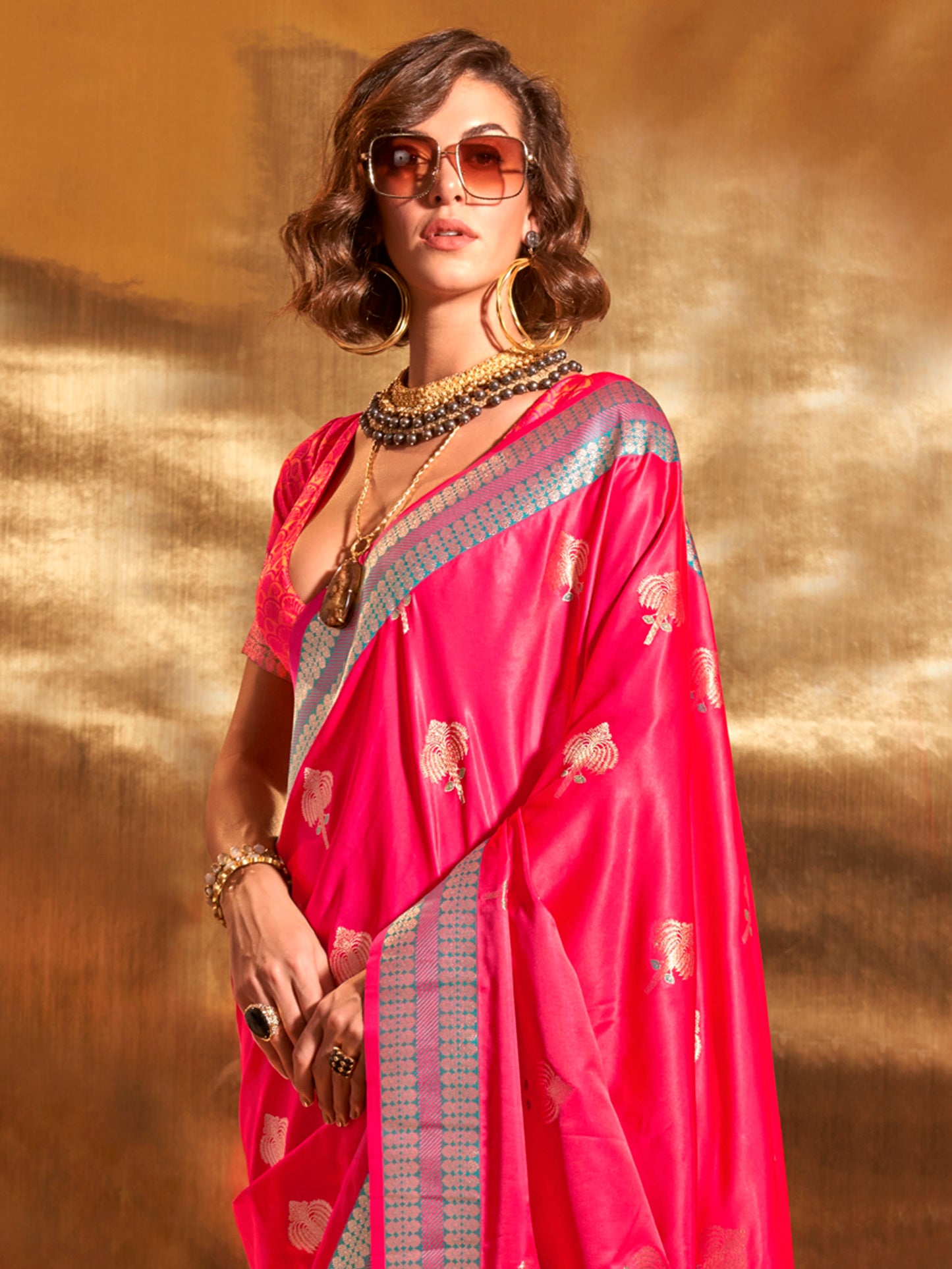 Women's Satin Silk Pink Woven Design Designer Saree With Blouse Piece