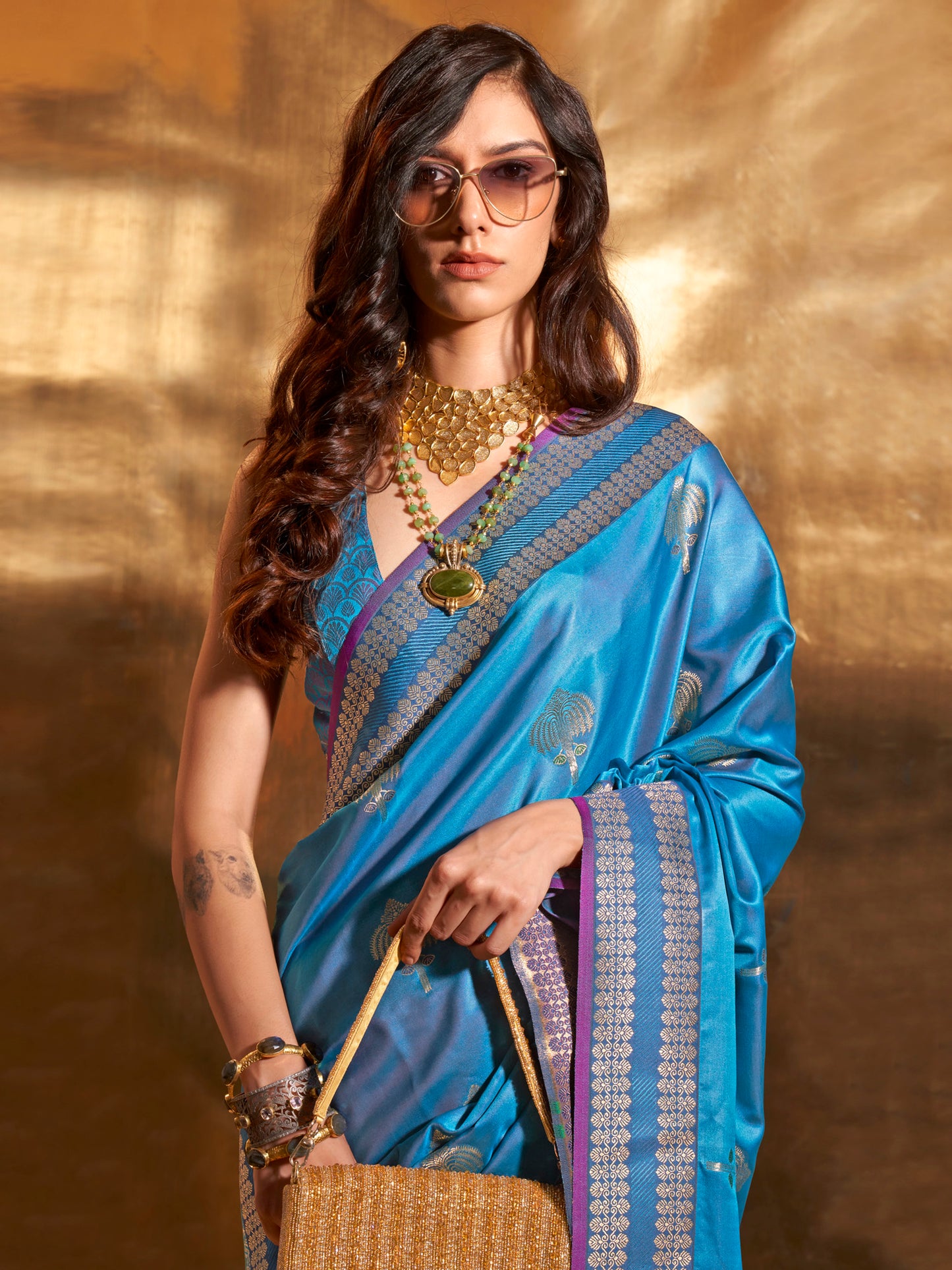 Women's Satin Silk Blue Woven Design Designer Saree With Blouse Piece