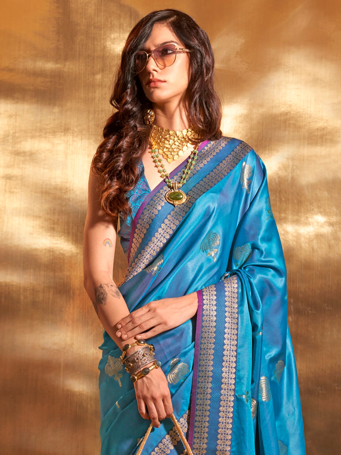 Women's Satin Silk Blue Woven Design Designer Saree With Blouse Piece