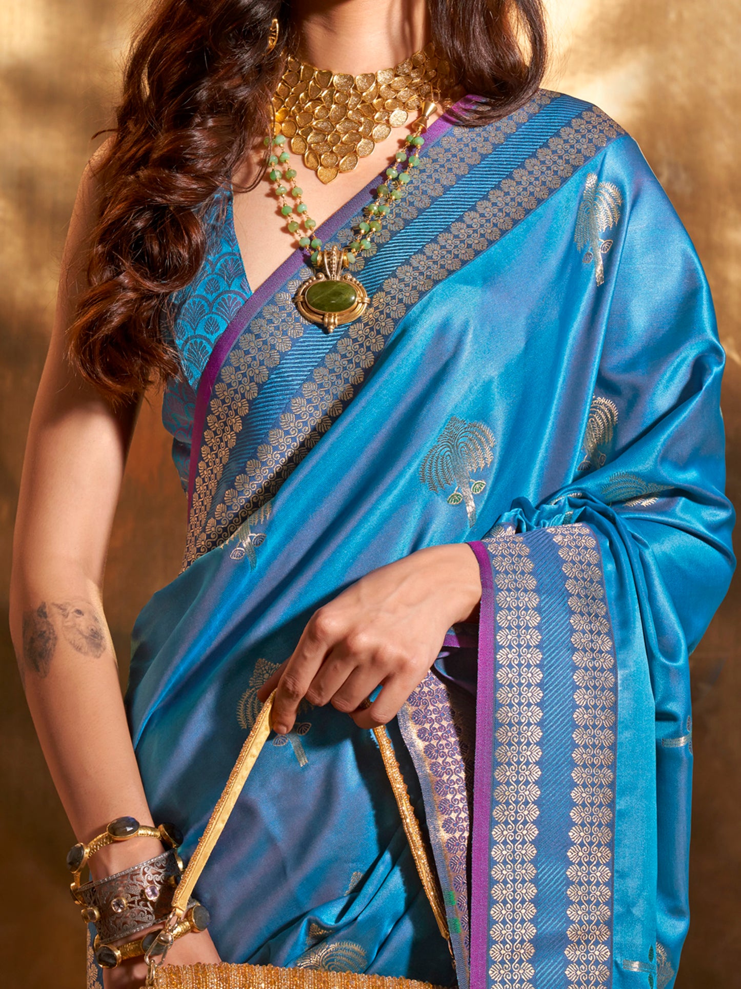 Women's Satin Silk Blue Woven Design Designer Saree With Blouse Piece