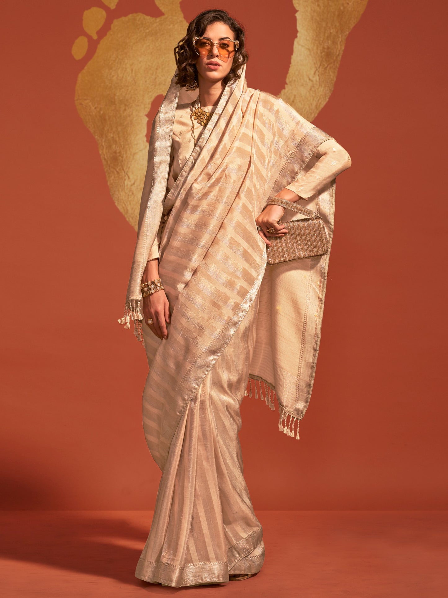 Women's Viscose Silk Cream Woven Design Designer Saree With Blouse Piece