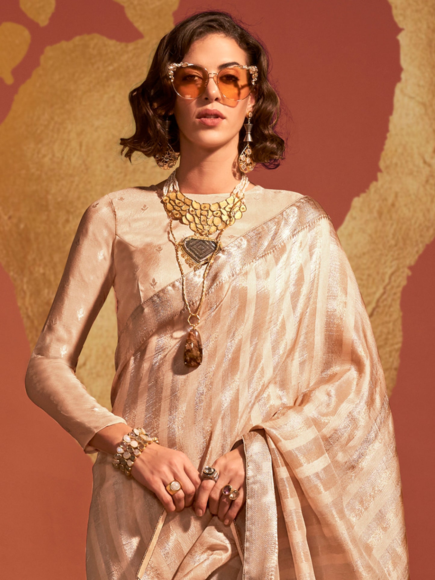 Women's Viscose Silk Cream Woven Design Designer Saree With Blouse Piece