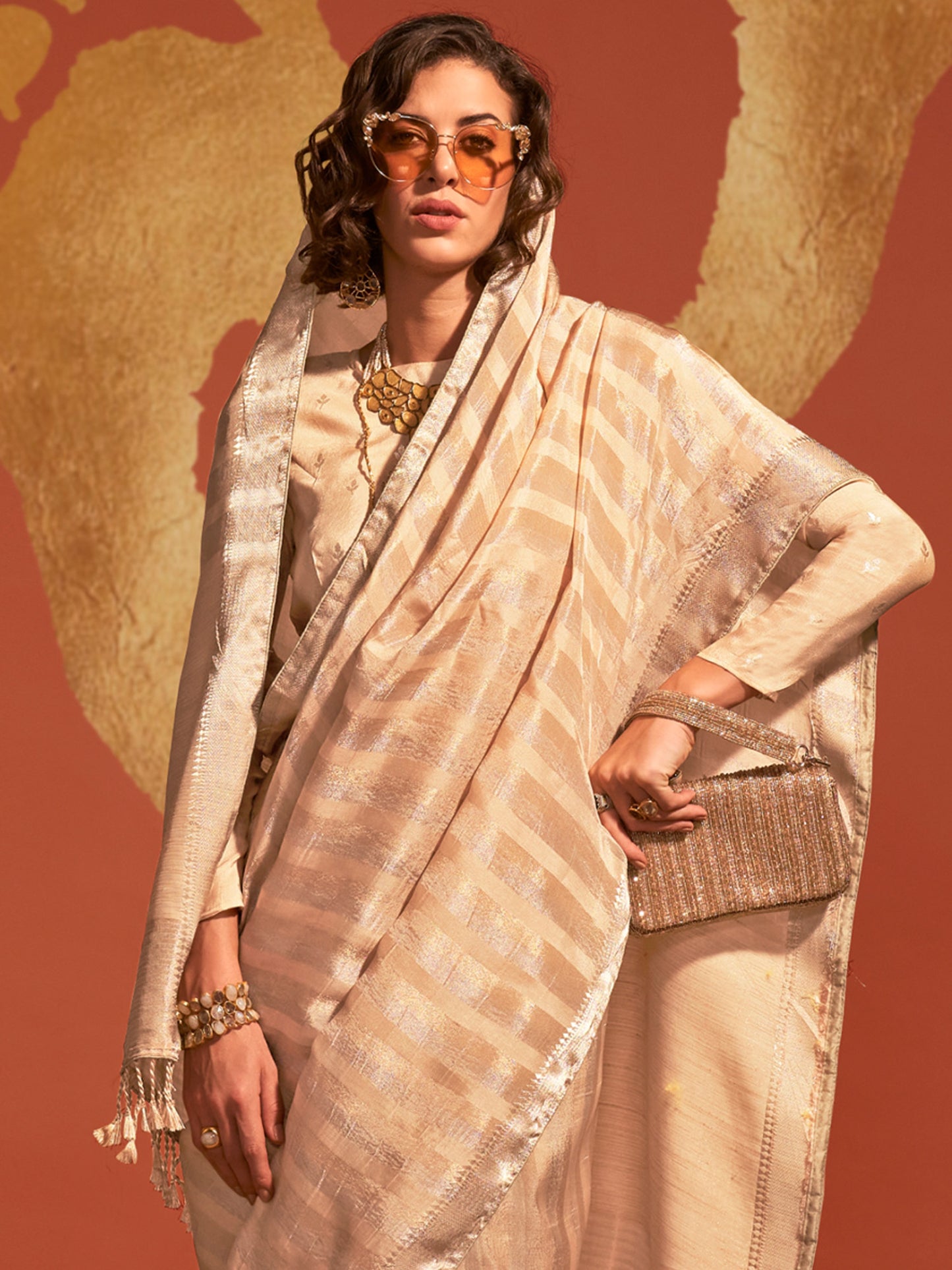 Women's Viscose Silk Cream Woven Design Designer Saree With Blouse Piece
