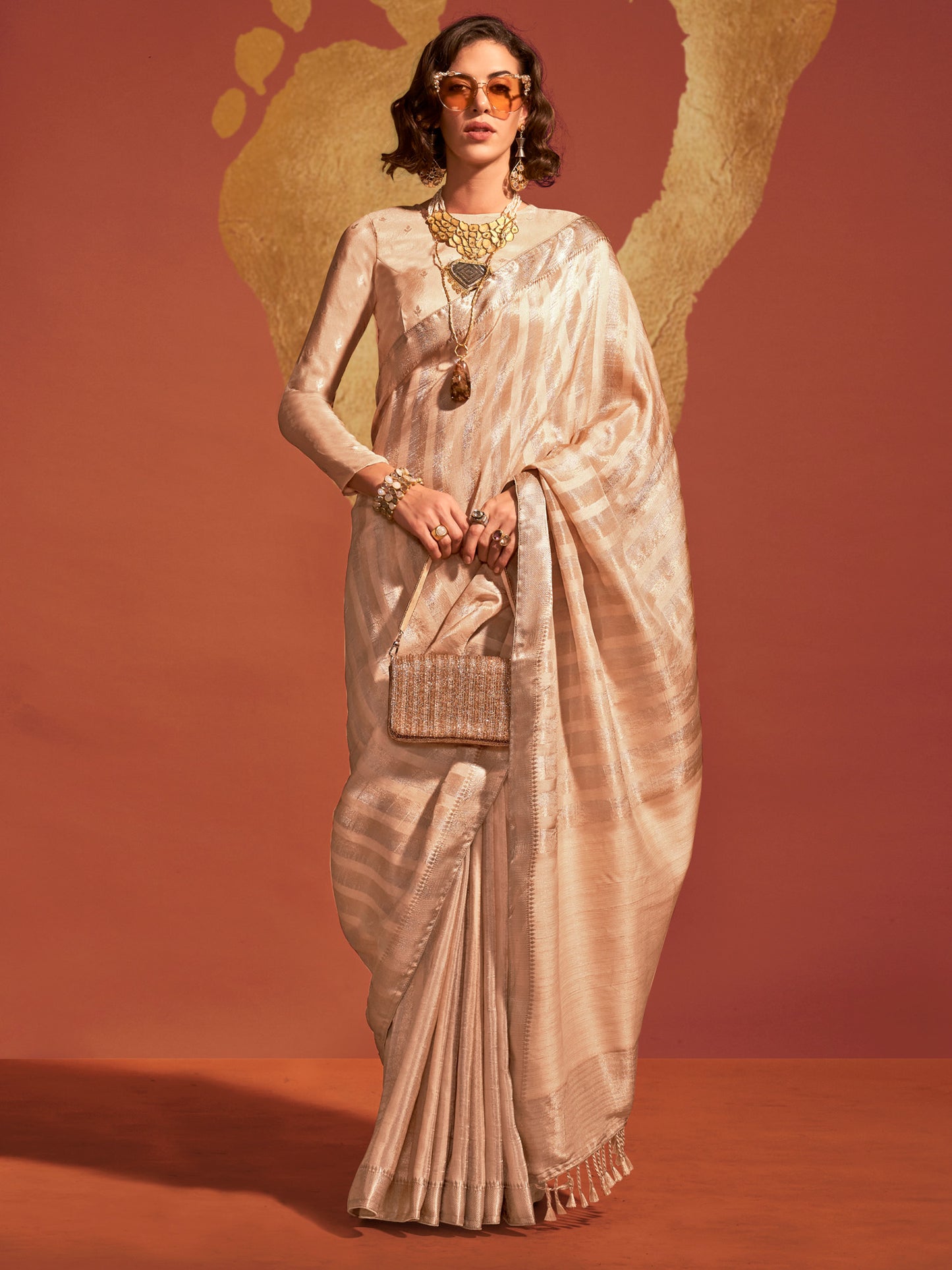 Women's Viscose Silk Cream Woven Design Designer Saree With Blouse Piece