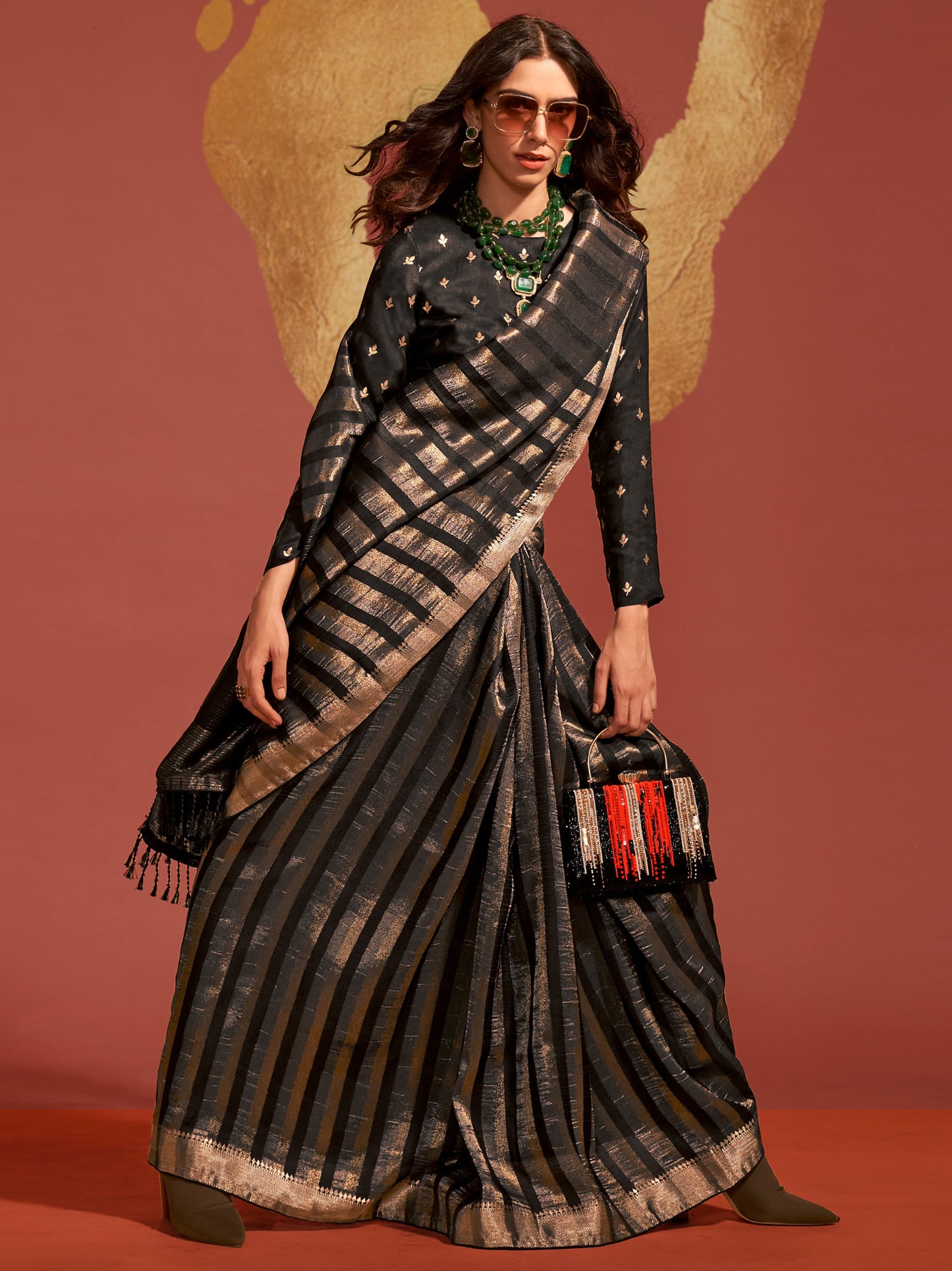 Women's Viscose Silk Black Woven Design Designer Saree With Blouse Piece
