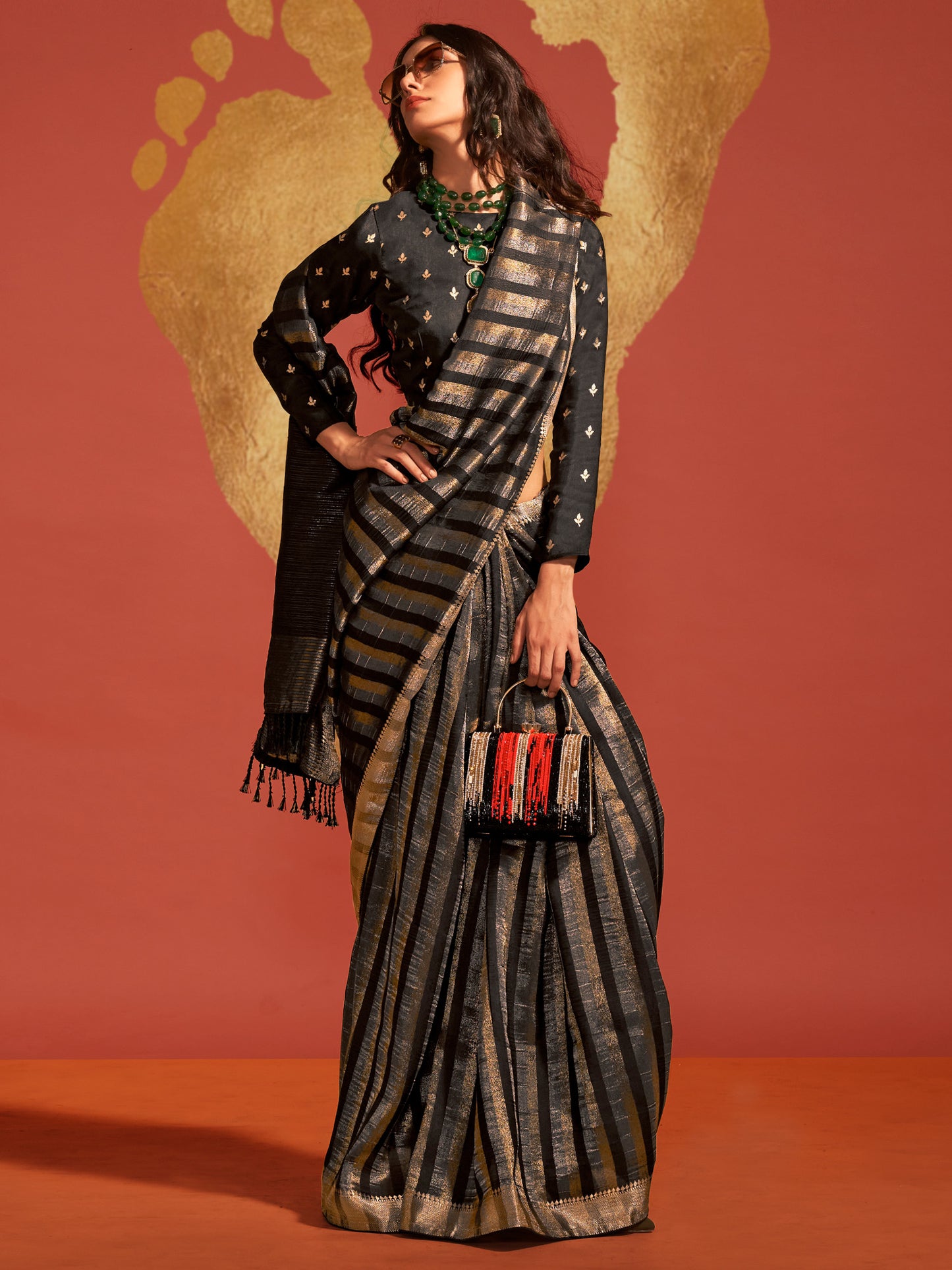 Women's Viscose Silk Black Woven Design Designer Saree With Blouse Piece