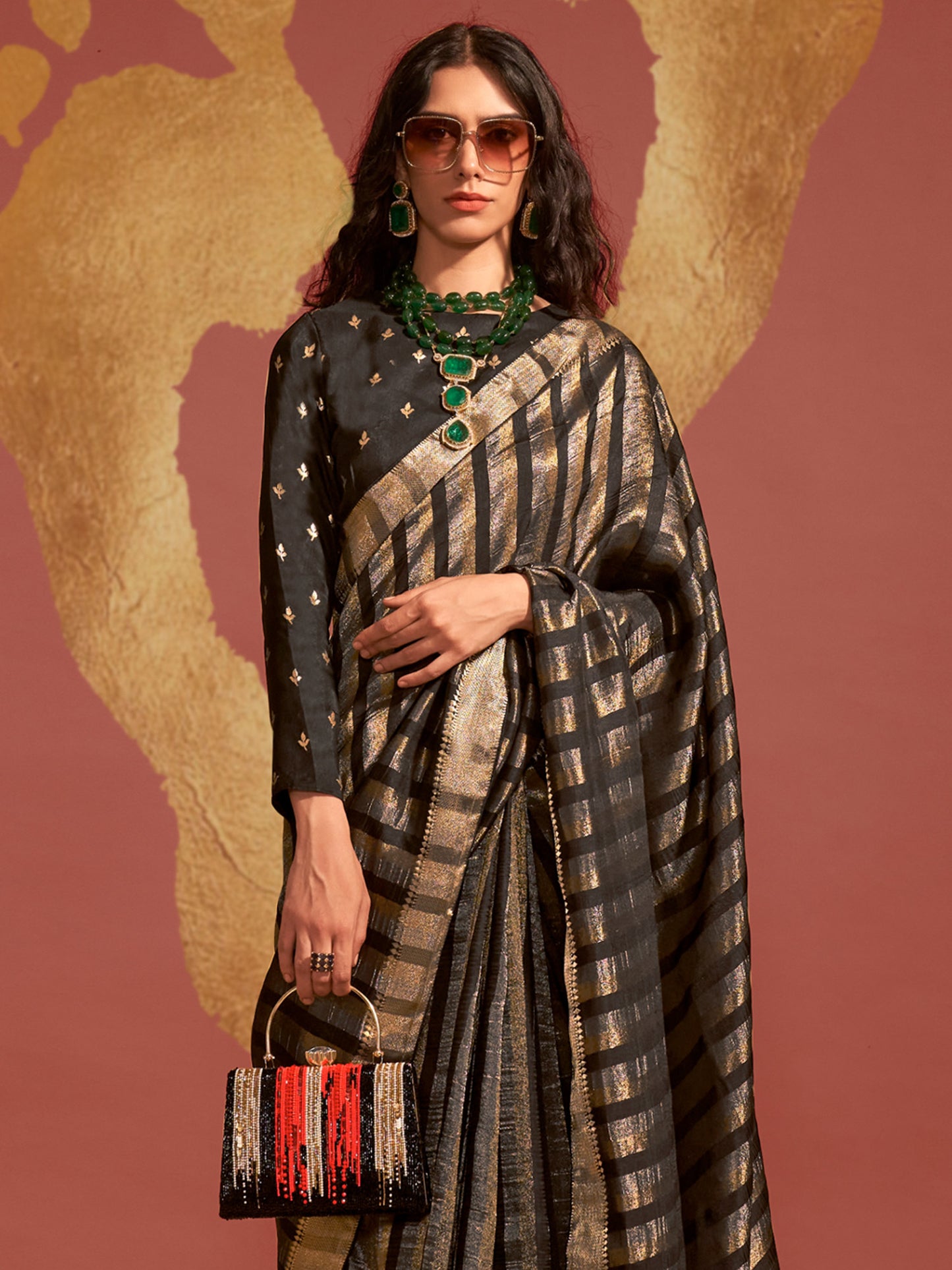 Women's Viscose Silk Black Woven Design Designer Saree With Blouse Piece