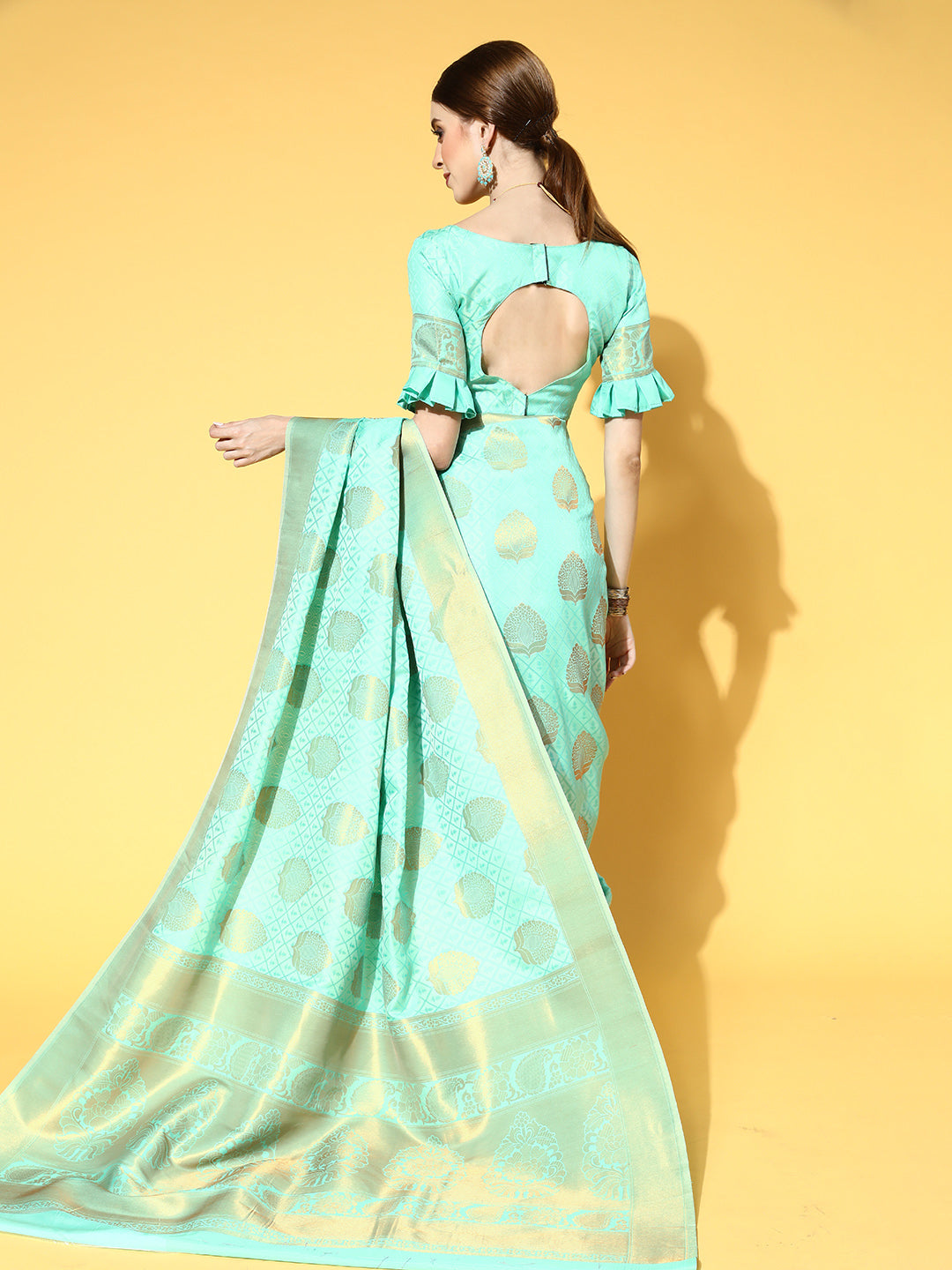 Women's Silk Blend Sea Green Woven Design Celebrity Saree With Blouse Piece