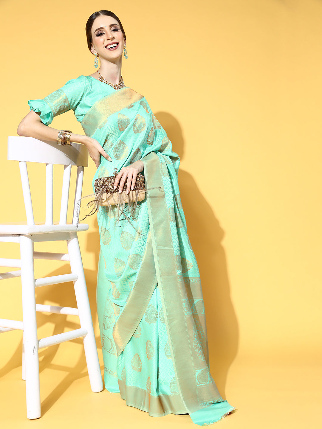 Women's Silk Blend Sea Green Woven Design Celebrity Saree With Blouse Piece