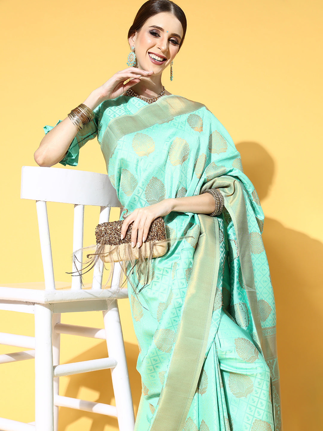 Women's Silk Blend Sea Green Woven Design Celebrity Saree With Blouse Piece
