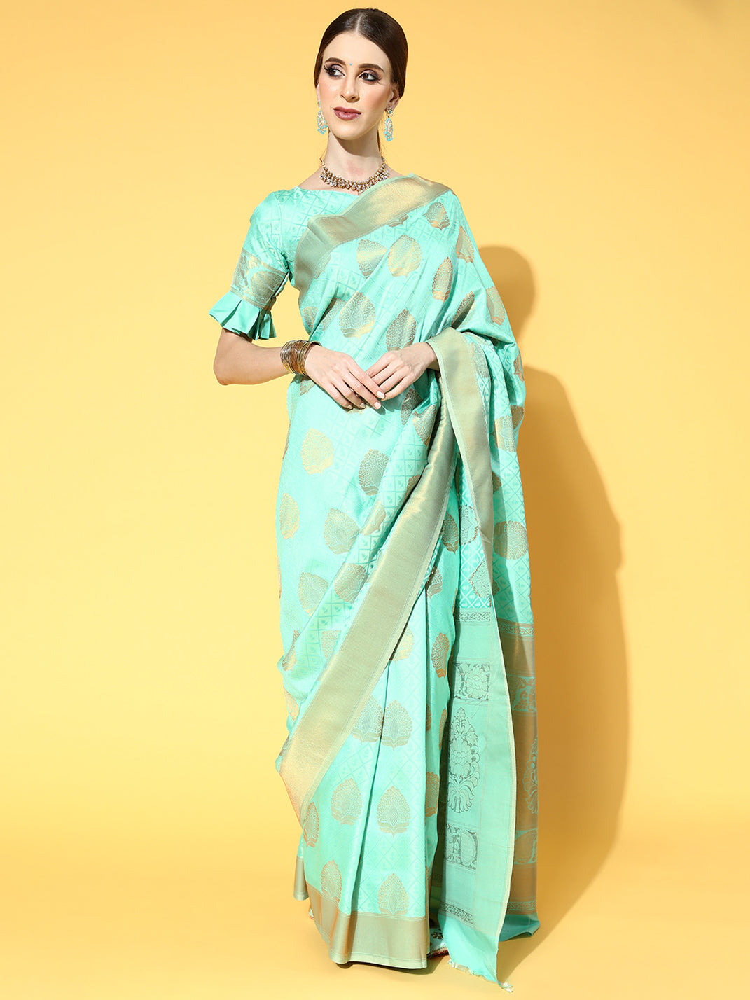 Women's Silk Blend Sea Green Woven Design Celebrity Saree With Blouse Piece
