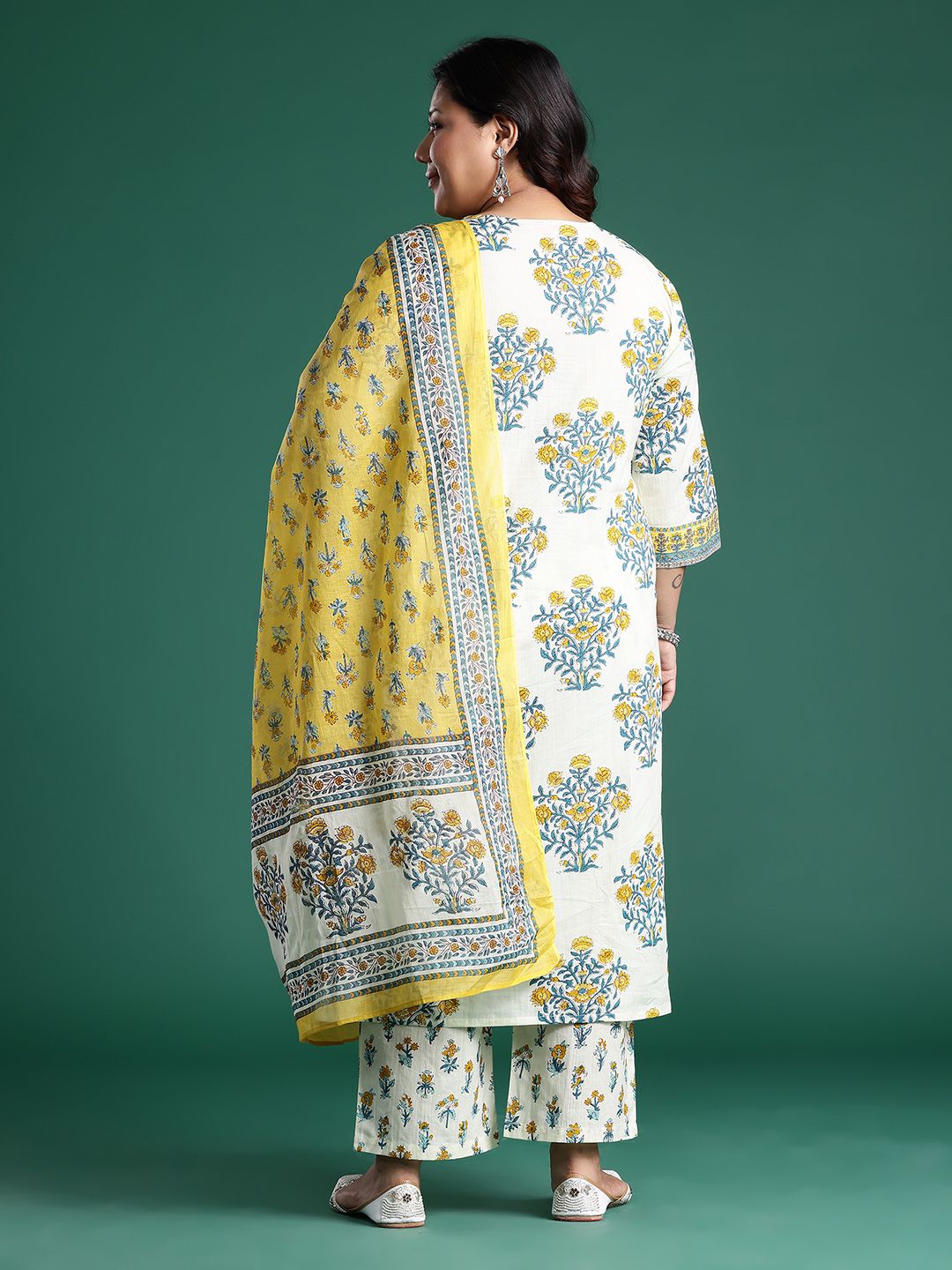 Floral Print Cotton Kurta with Trousers & Dupatta
