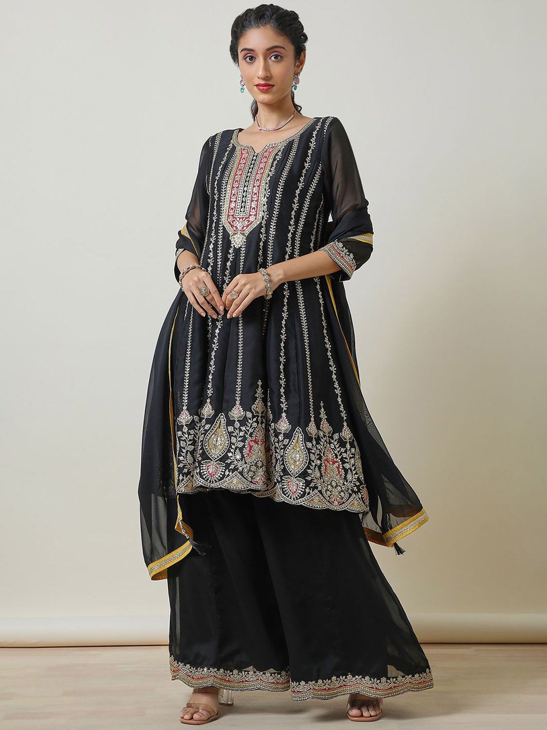 Dhiyona SO Women's Embroidered Sequinned Notch Neck Anarkali Kurta with Palazzos & Dupatta