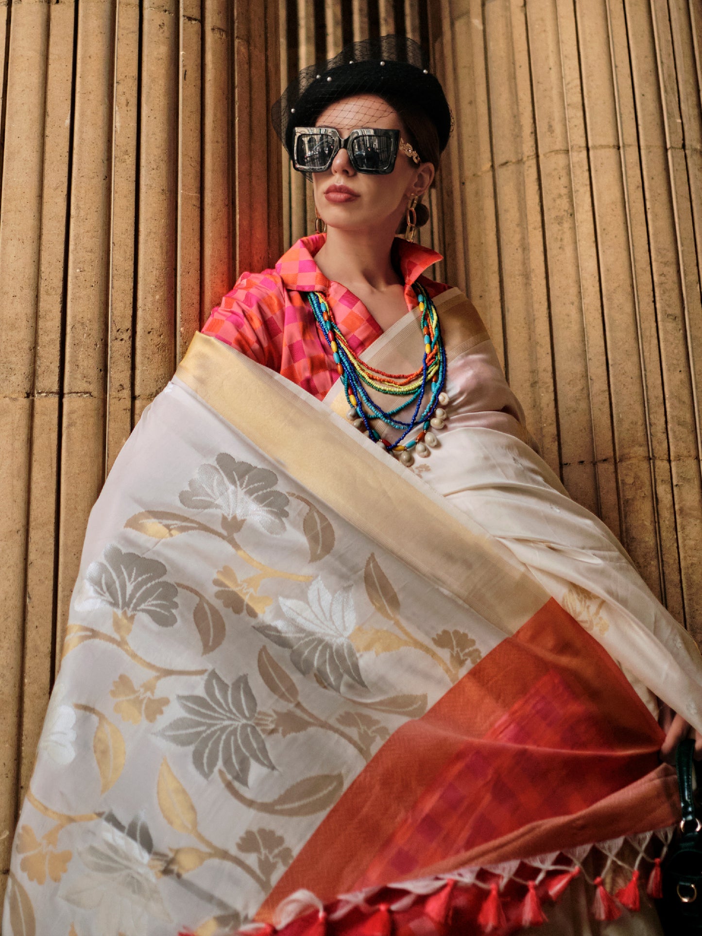 Women's Soft Silk Off White Woven Design Designer Saree With Blouse Piece