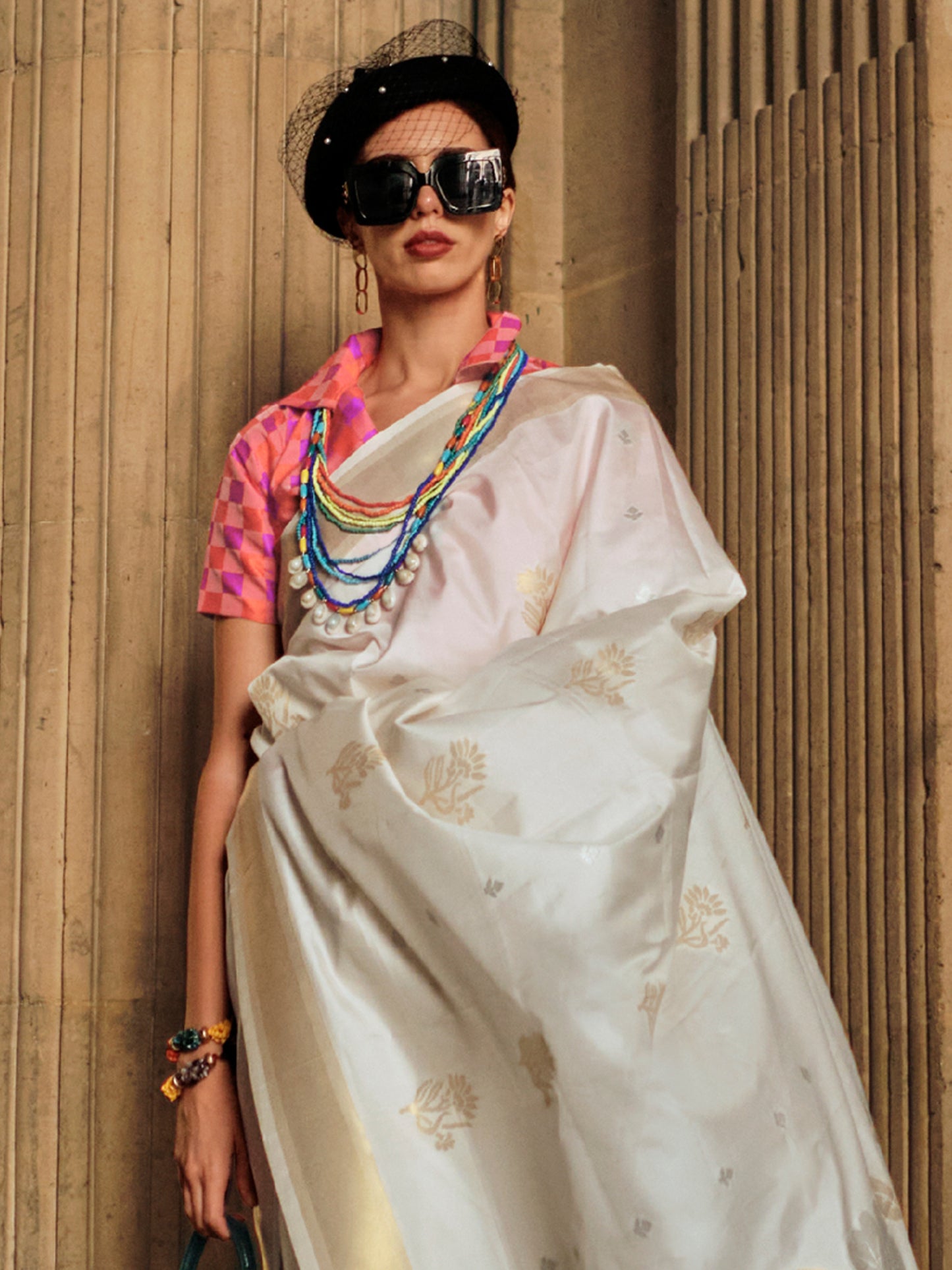 Women's Soft Silk Off White Woven Design Designer Saree With Blouse Piece