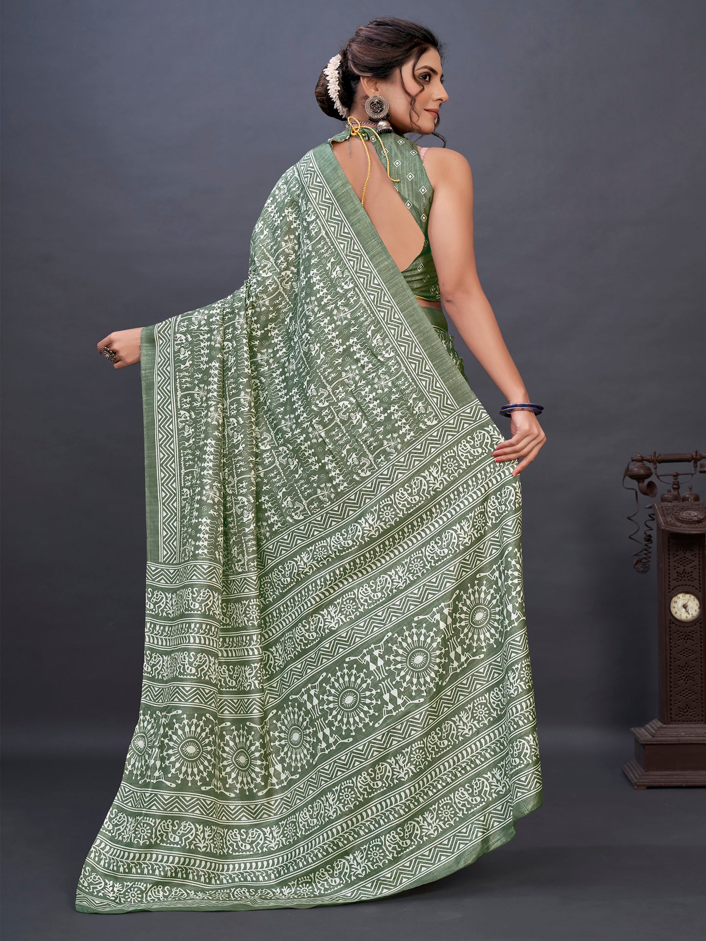 Women's Dola Silk Sea Green Printed Designer Saree With Blouse Piece