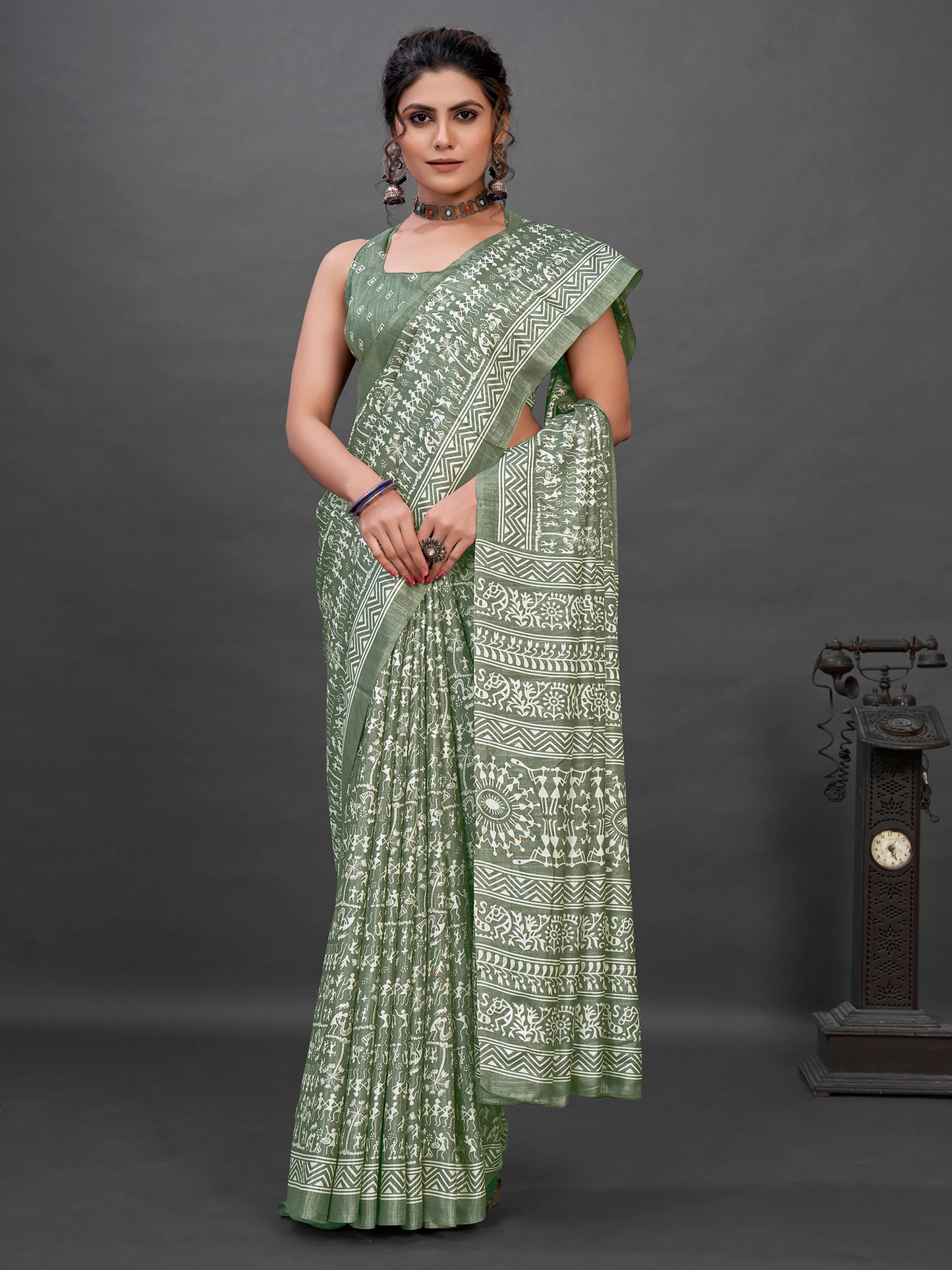 Women's Dola Silk Sea Green Printed Designer Saree With Blouse Piece