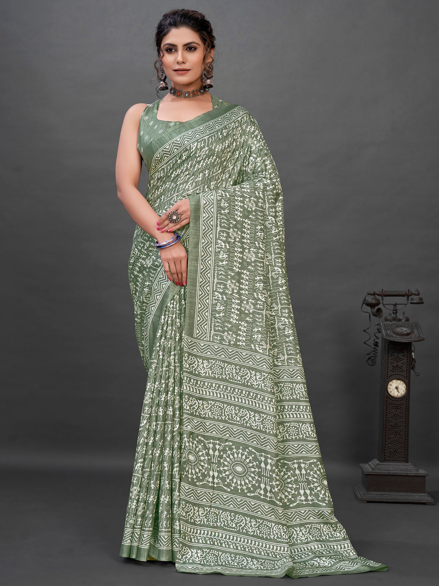 Women's Dola Silk Sea Green Printed Designer Saree With Blouse Piece