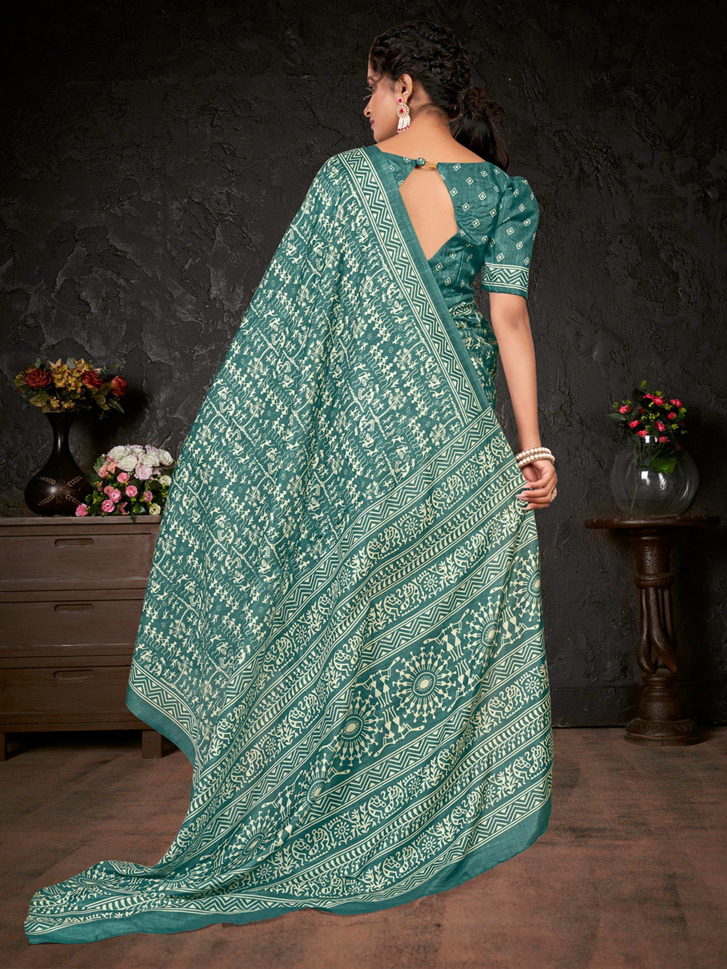 Women's Dola Silk Sea Green Printed Designer Saree With Blouse Piece