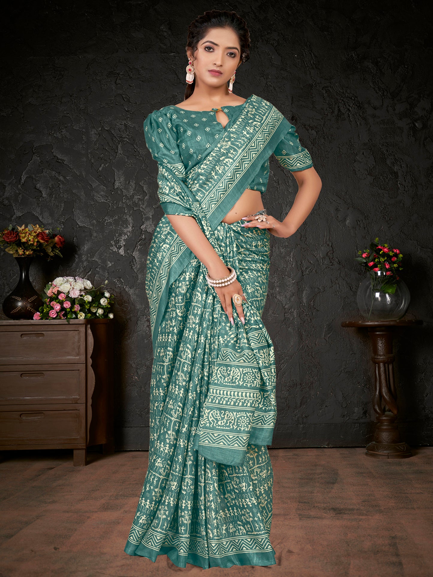 Women's Dola Silk Sea Green Printed Designer Saree With Blouse Piece