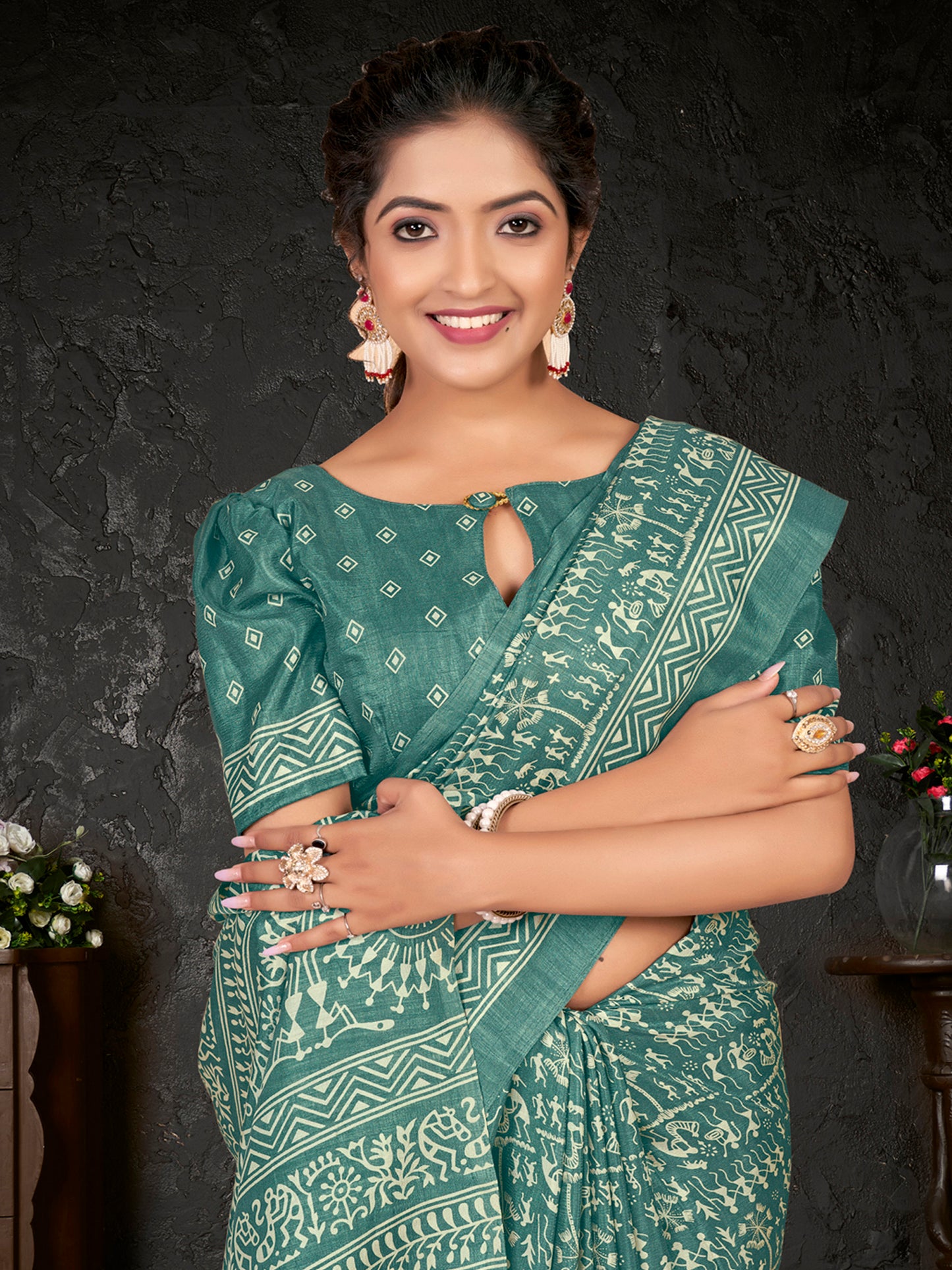 Women's Dola Silk Sea Green Printed Designer Saree With Blouse Piece