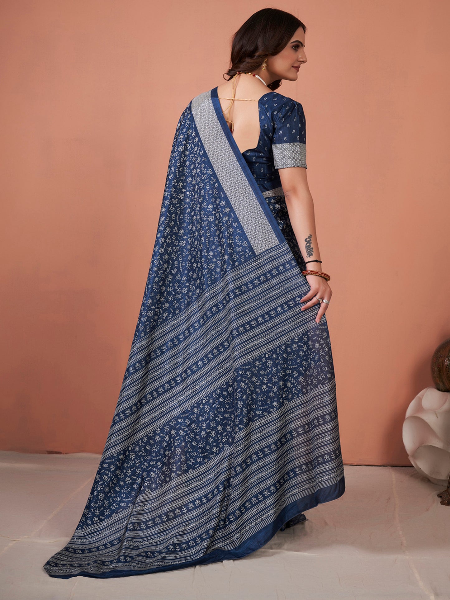 Women's Dola Silk Navy Blue Printed Designer Saree With Blouse Piece