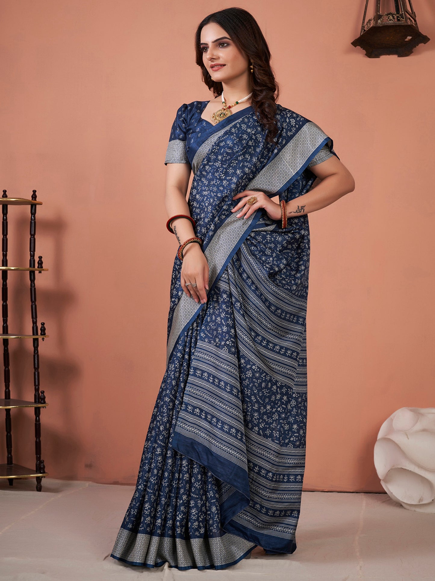 Women's Dola Silk Navy Blue Printed Designer Saree With Blouse Piece