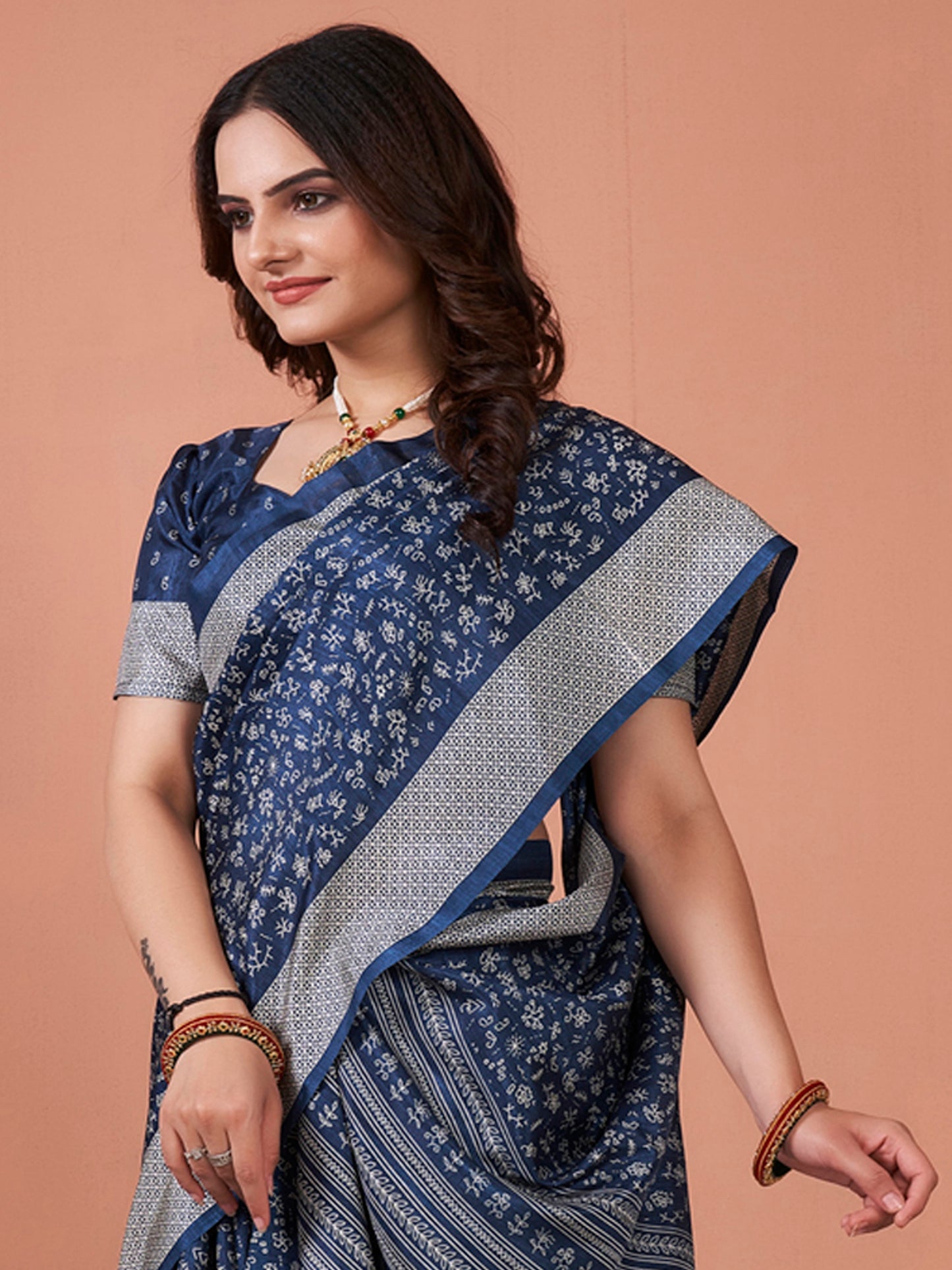 Women's Dola Silk Navy Blue Printed Designer Saree With Blouse Piece