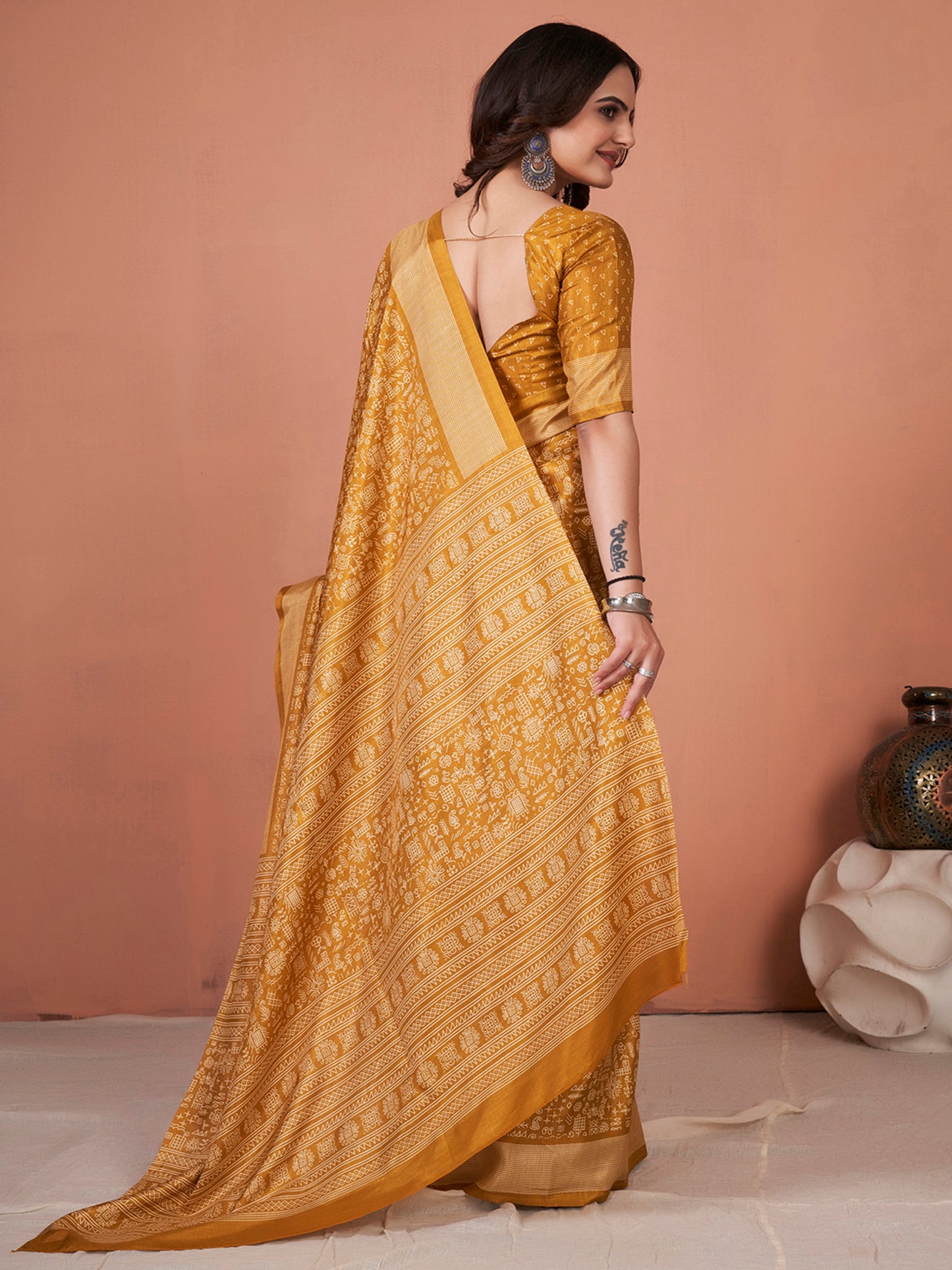 Women's Dola Silk Mustard Printed Designer Saree With Blouse Piece