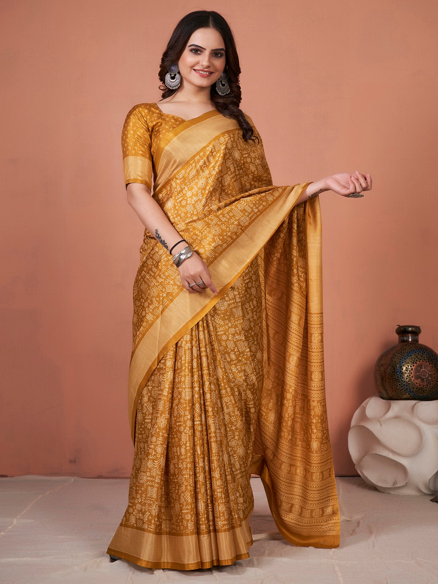 Women's Dola Silk Mustard Printed Designer Saree With Blouse Piece