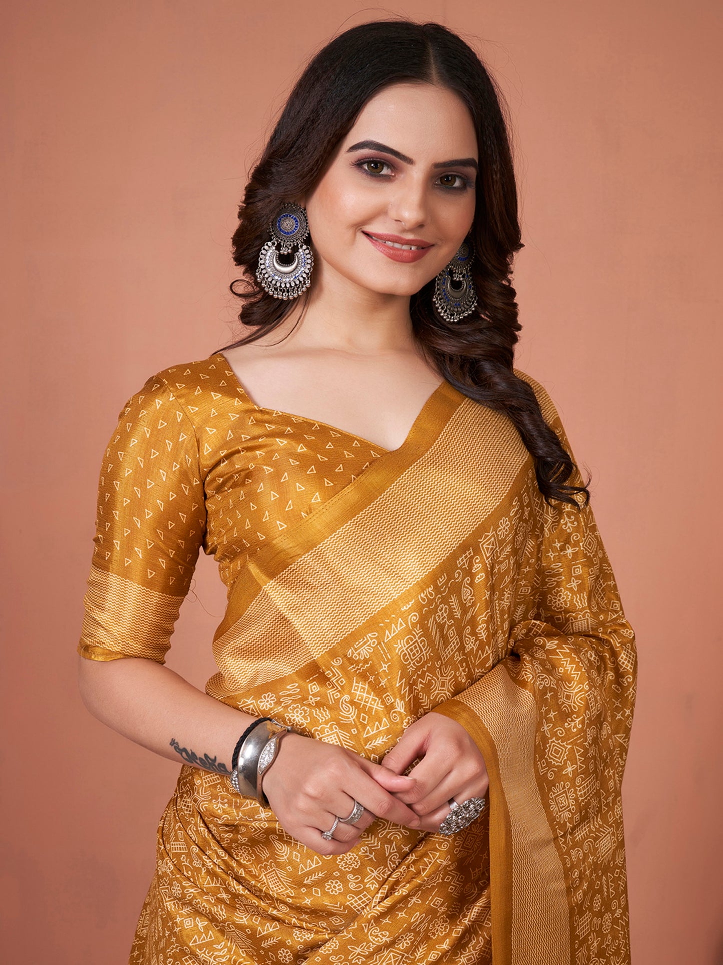 Women's Dola Silk Mustard Printed Designer Saree With Blouse Piece