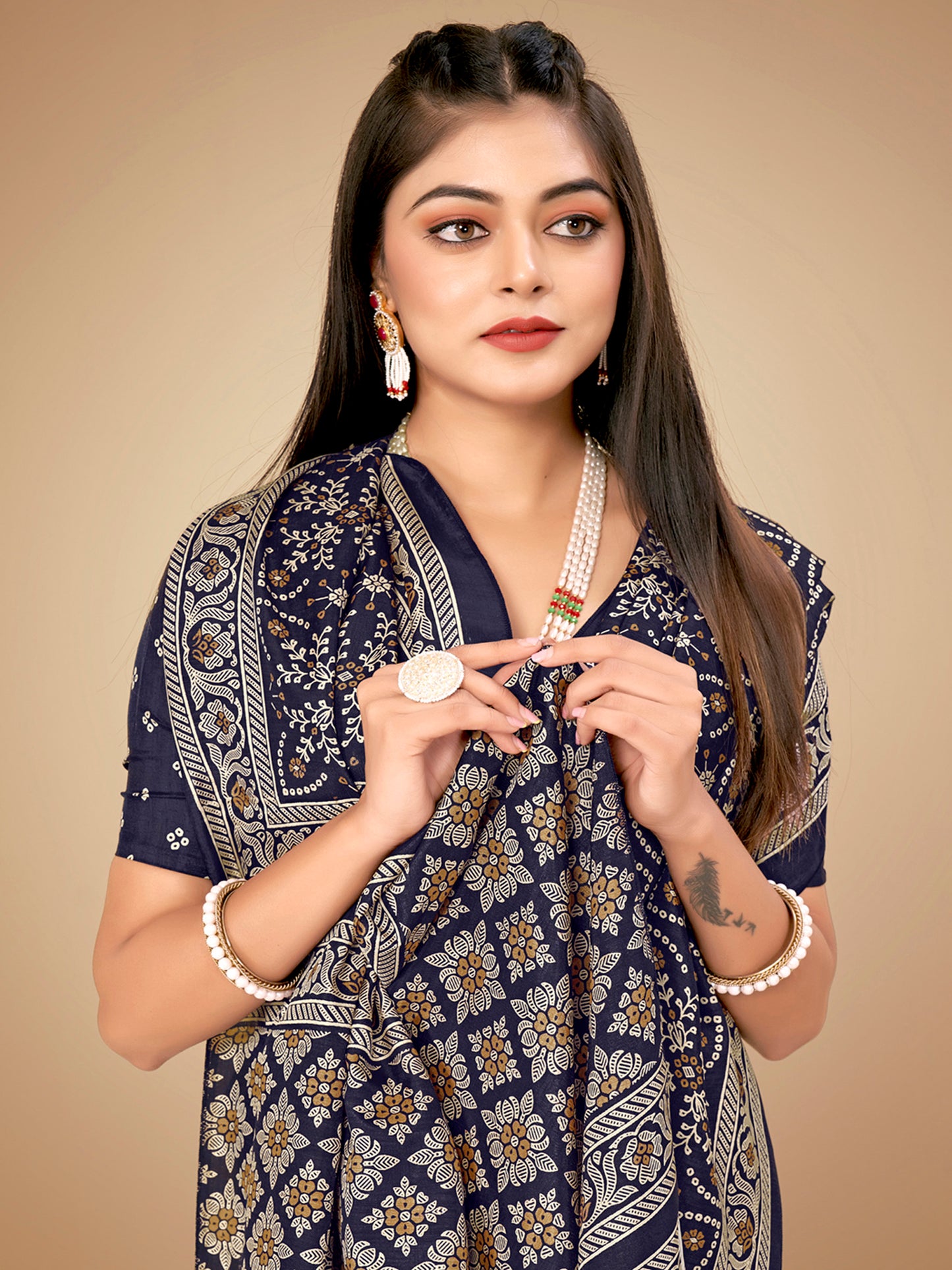 Women's Dola Silk Navy Blue Printed Designer Saree With Blouse Piece