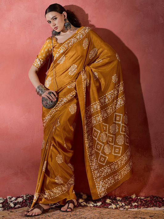 Women's Cotton Blend Mustard Printed Designer Saree With Blouse Piece