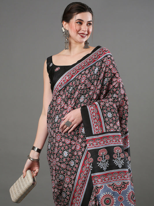 Women's Dola Silk Black Digital Print Designer Saree With Blouse Piece