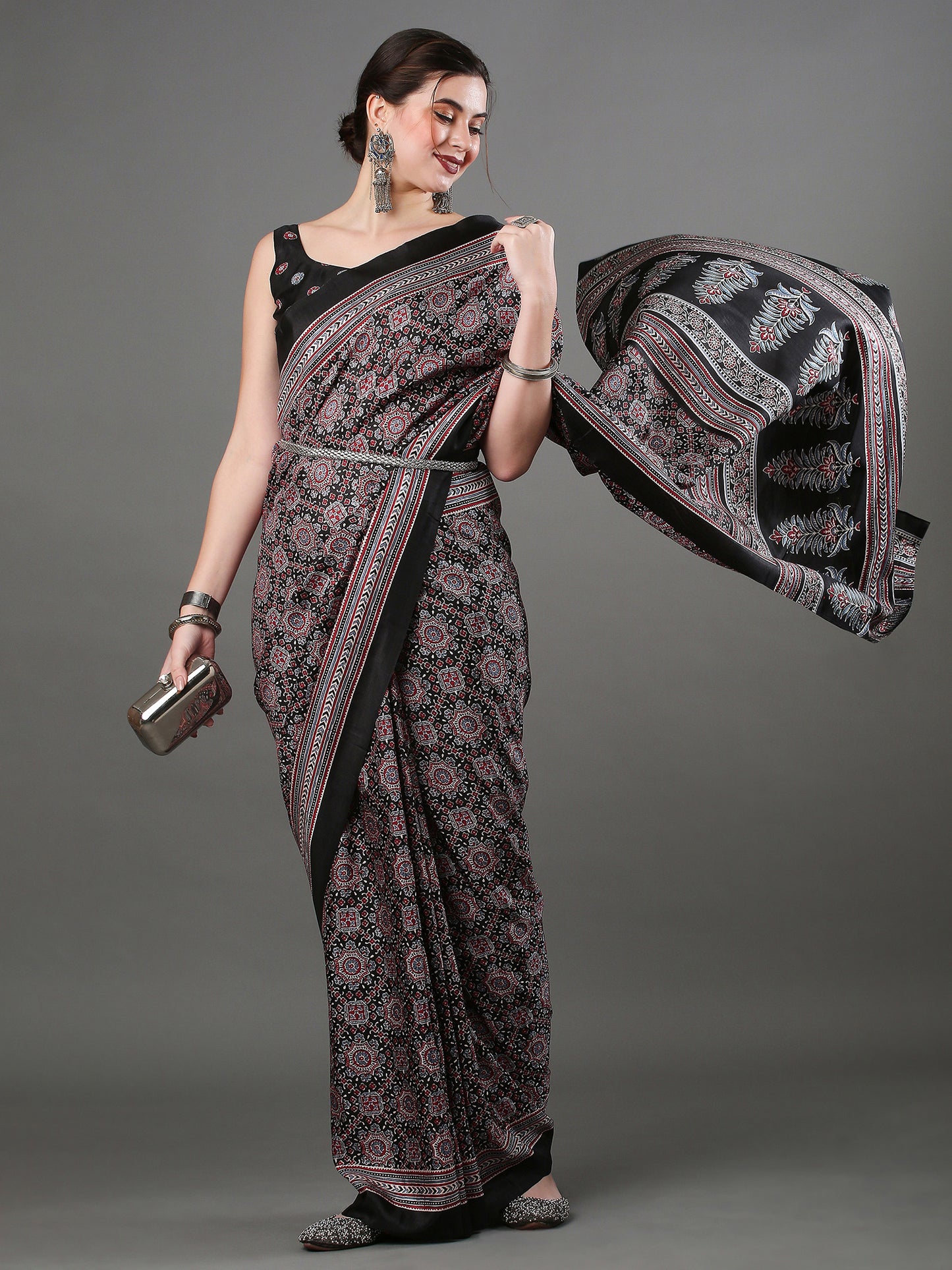 Women's Dola Silk Black Digital Print Designer Saree With Blouse Piece