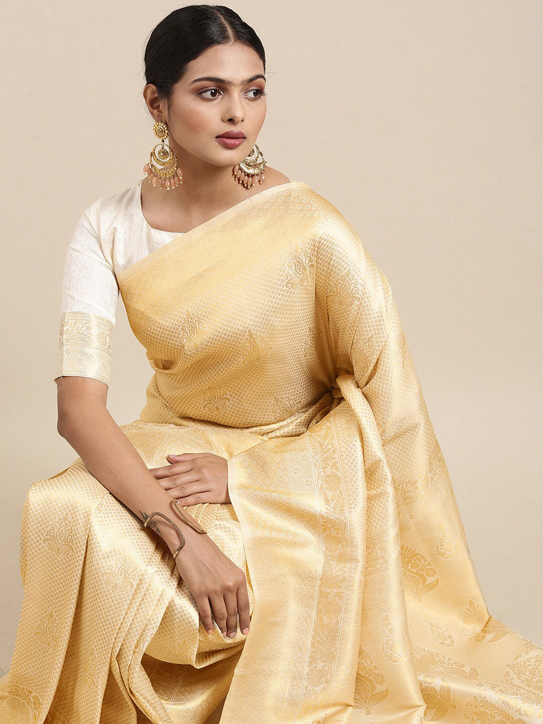 Women's Silk Blend Off White Woven Design Designer Saree With Blouse Piece