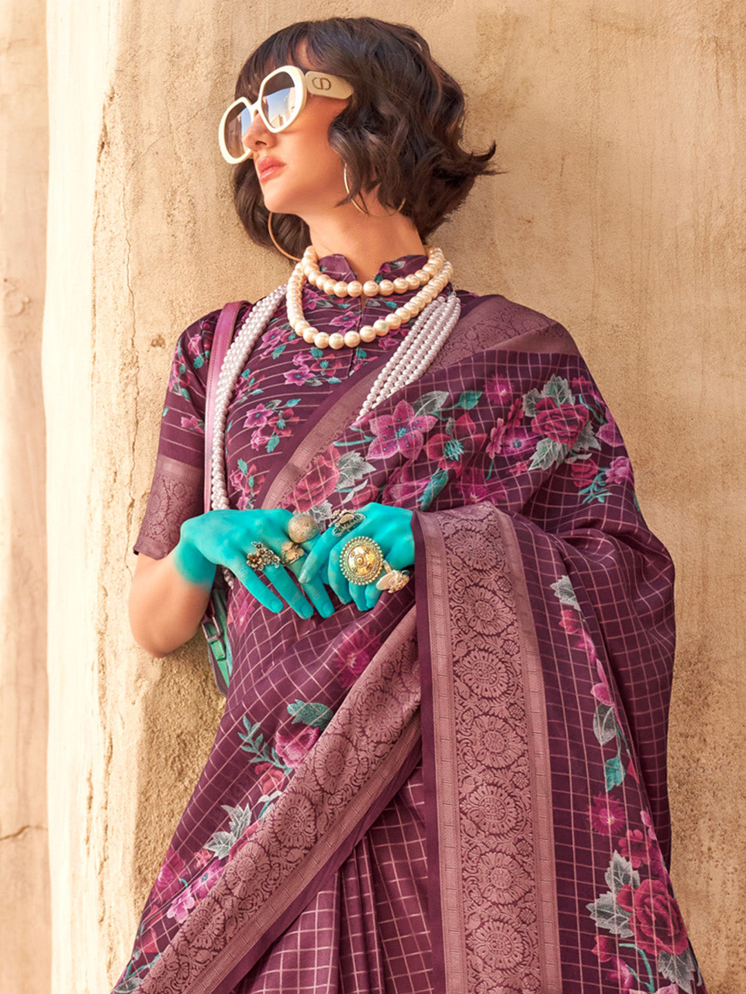 Women's Georgette Burgundy Woven Design Designer Saree With Blouse Piece