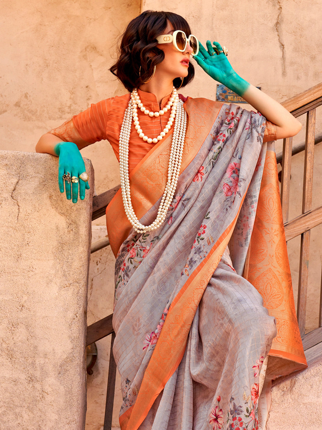 Women's Georgette Orange Woven Design Designer Saree With Blouse Piece