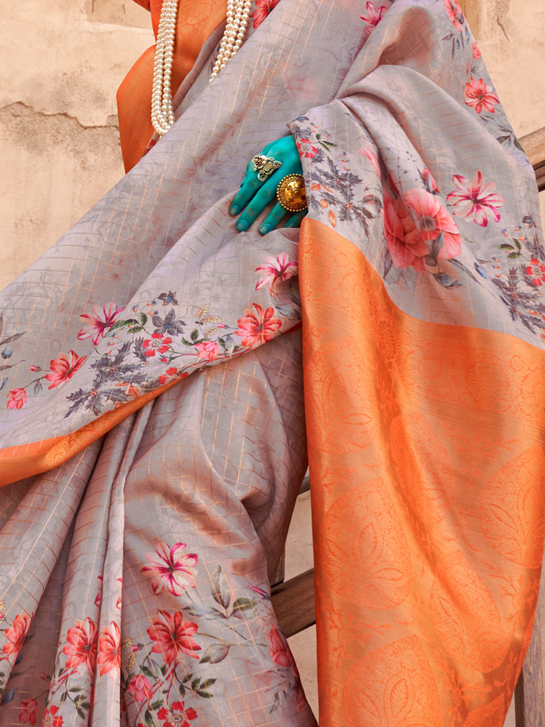 Women's Georgette Orange Woven Design Designer Saree With Blouse Piece