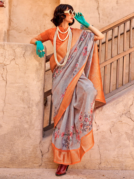 Women's Georgette Orange Woven Design Designer Saree With Blouse Piece