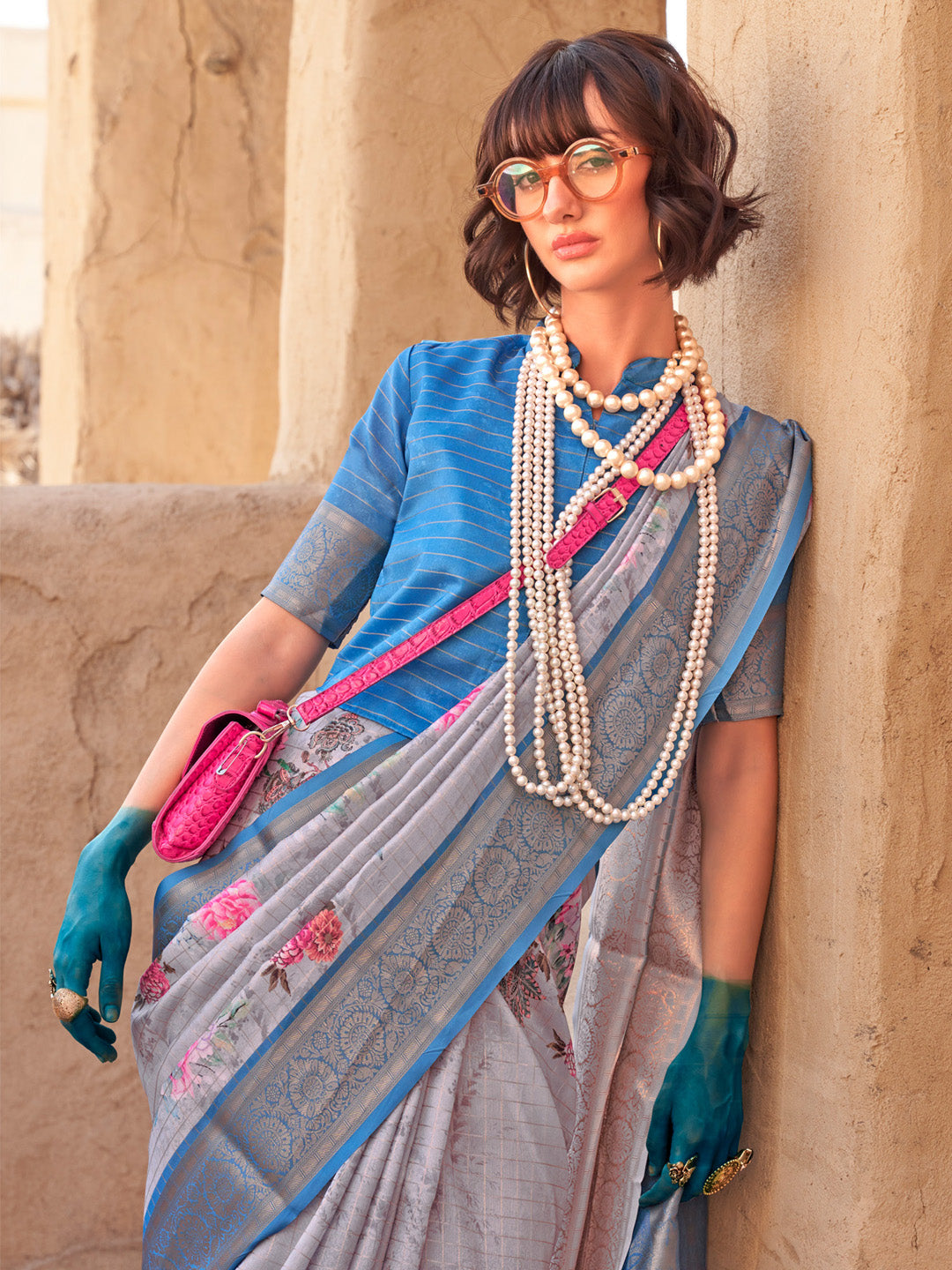 Women's Georgette Blue Woven Design Designer Saree With Blouse Piece