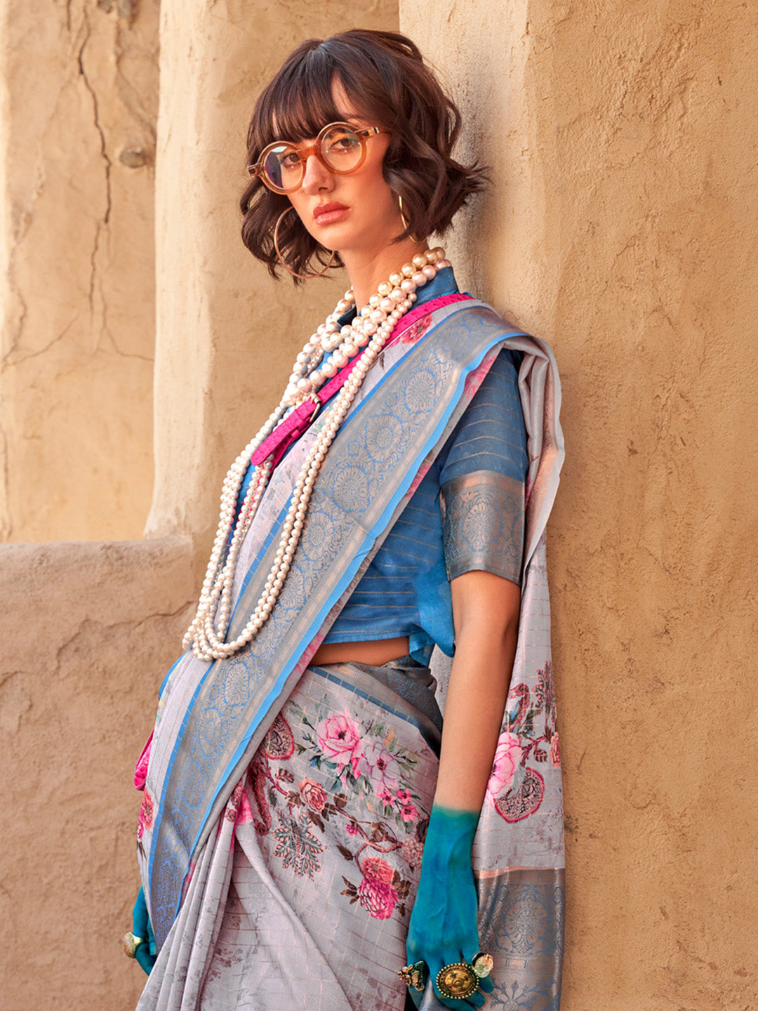 Women's Georgette Blue Woven Design Designer Saree With Blouse Piece