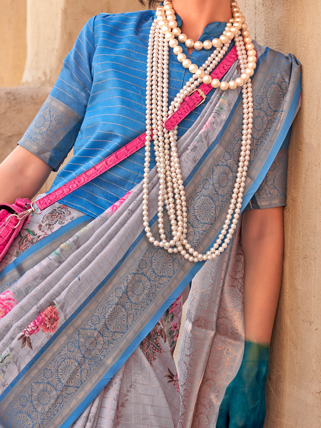Women's Georgette Blue Woven Design Designer Saree With Blouse Piece
