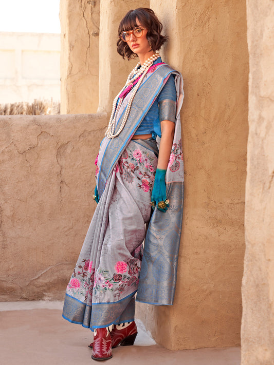 Women's Georgette Blue Woven Design Designer Saree With Blouse Piece