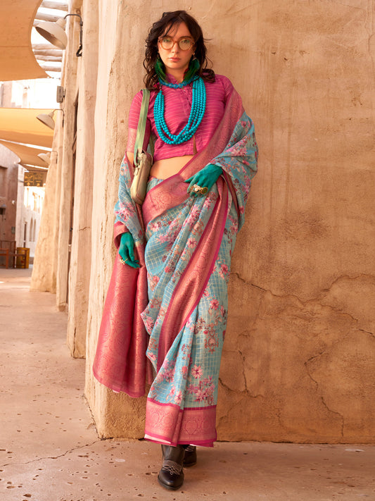 Women's Georgette Pink Woven Design Designer Saree With Blouse Piece