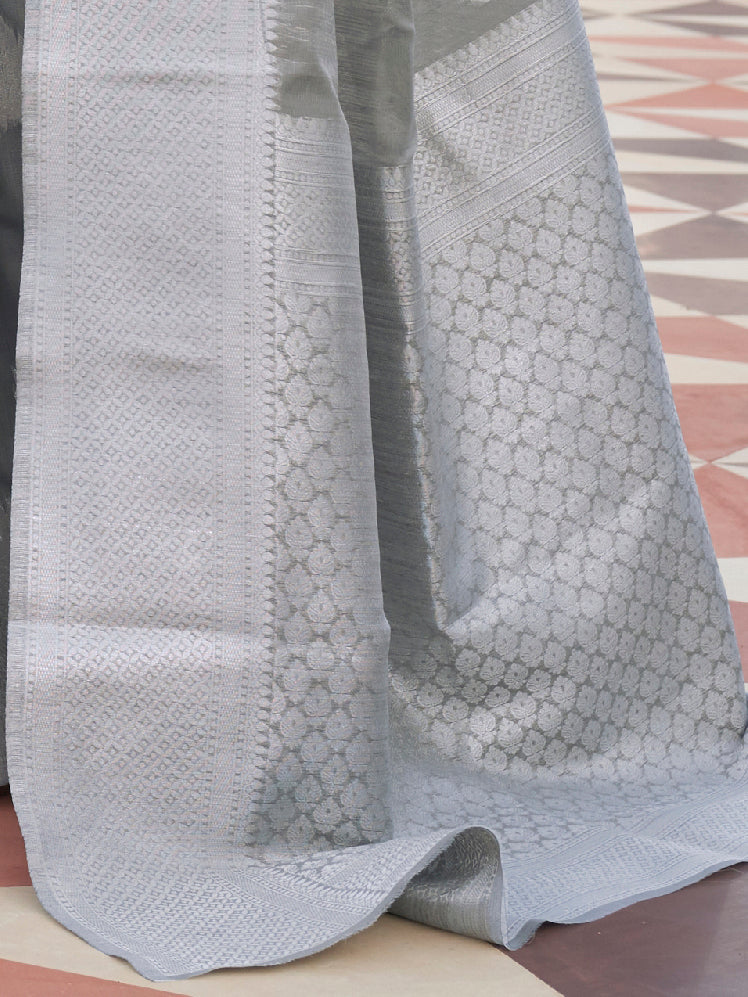 Women's Pure Linen Grey Woven Design Woven saree With Blouse Piece