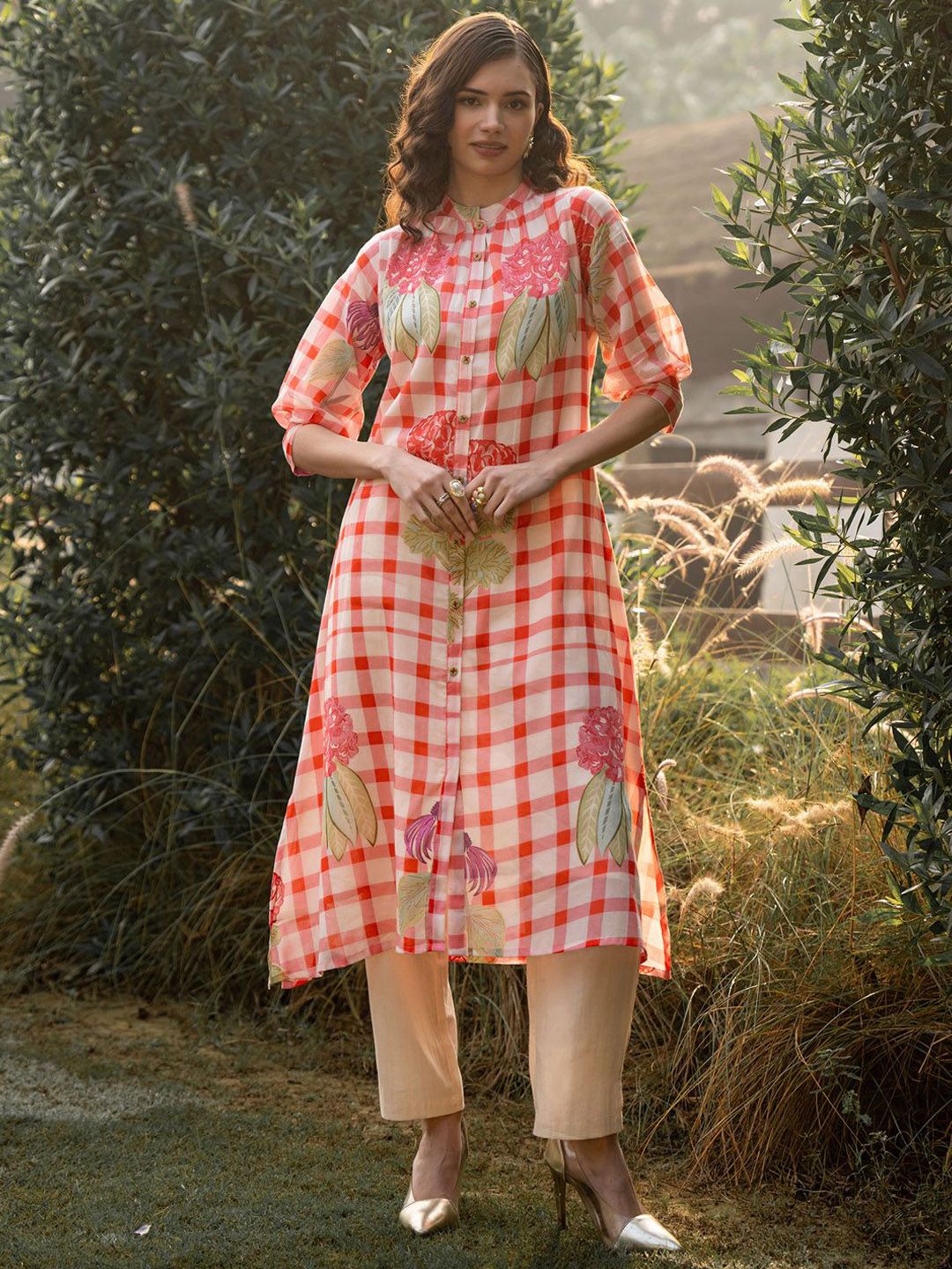 Dhiyona IE Floral Printed Mandarin Collar A-Line Pure Cotton Kurta With Trousers